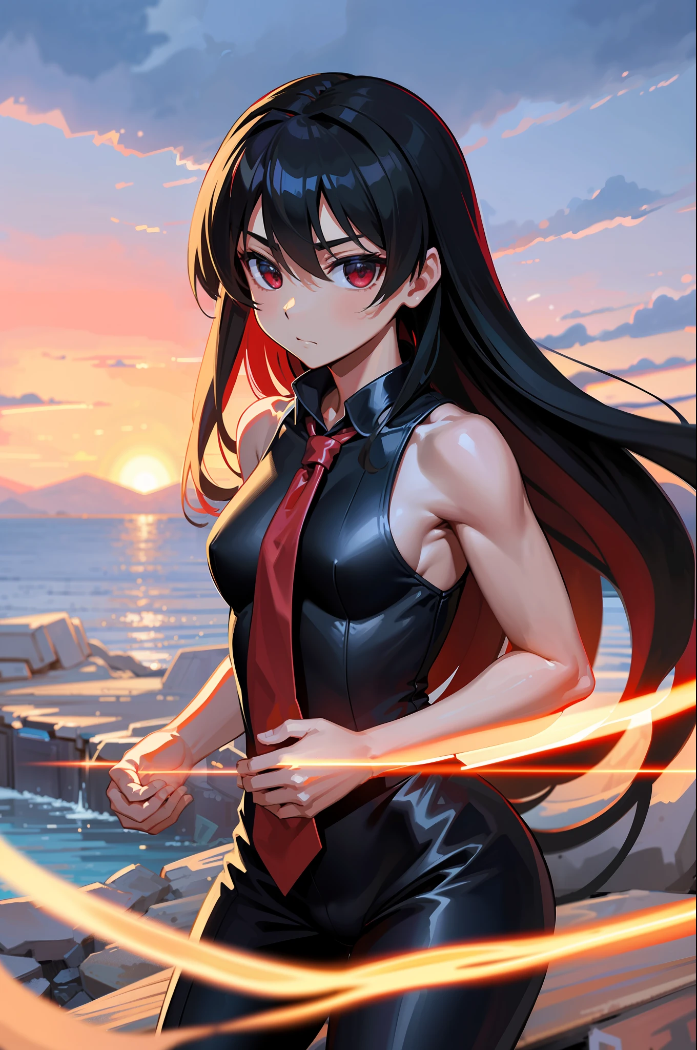 (masterpiece, best quality:1.2), cowboy shot, solo, 1girl, akame \(akame ga kill!\), expressionless, closed mouth, look at the viewer, black , red tie, sleeveless, , wide , 