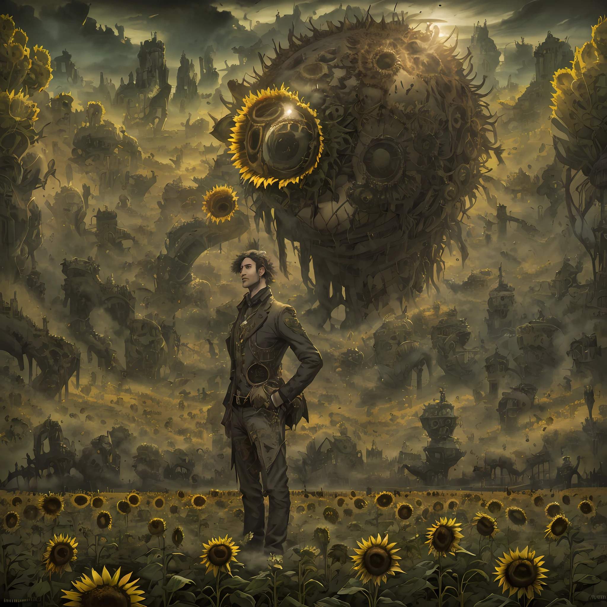there is a man standing in a field of sunflowers with a sunflower on his head, a surrealist painting inspired by Igor Morski, deviantart contest winner, pop surrealism, aron wiesenfeld, anton semenov, aron wiesenfeld dark fantasy, beksisnski, zdzislaw beksisnski, sun-hyuk kim, surreal art --auto --s2