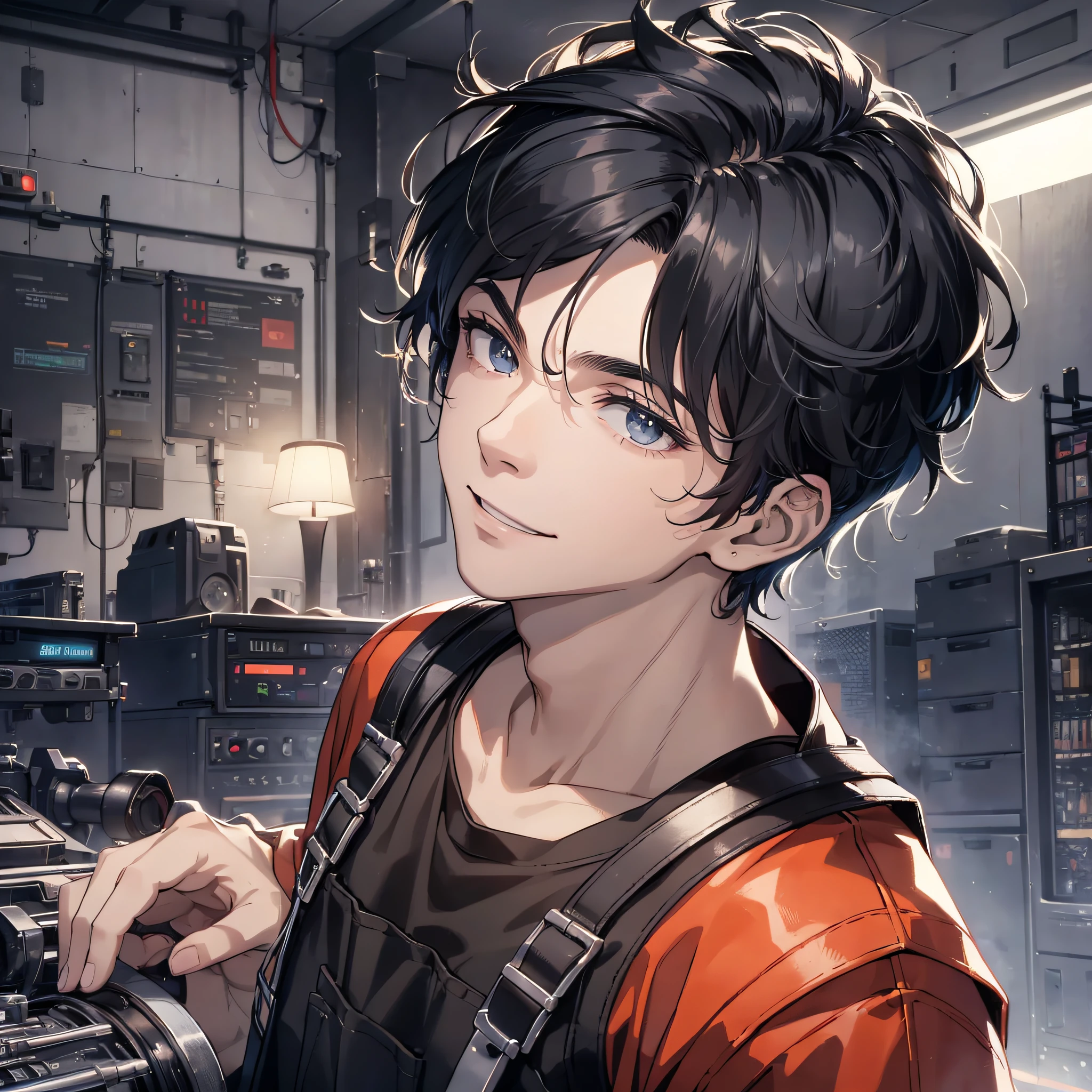 A twenty-year-old male technician in black overalls and short black hair researches instrument 1.5 (background is tech factory 1.5) (expression happy laugh 1.5) (best quality: 1.1) (masterpiece: 1.3) with unparalleled masterpiece, surreal 8K, perfect artwork, super detail, best quality, masterpiece 4K wallpaper aesthetics, masterpiece, award-winning artwork, official art, cinematic lighting (handsome young man 1.5) (handsome guy 1.5)