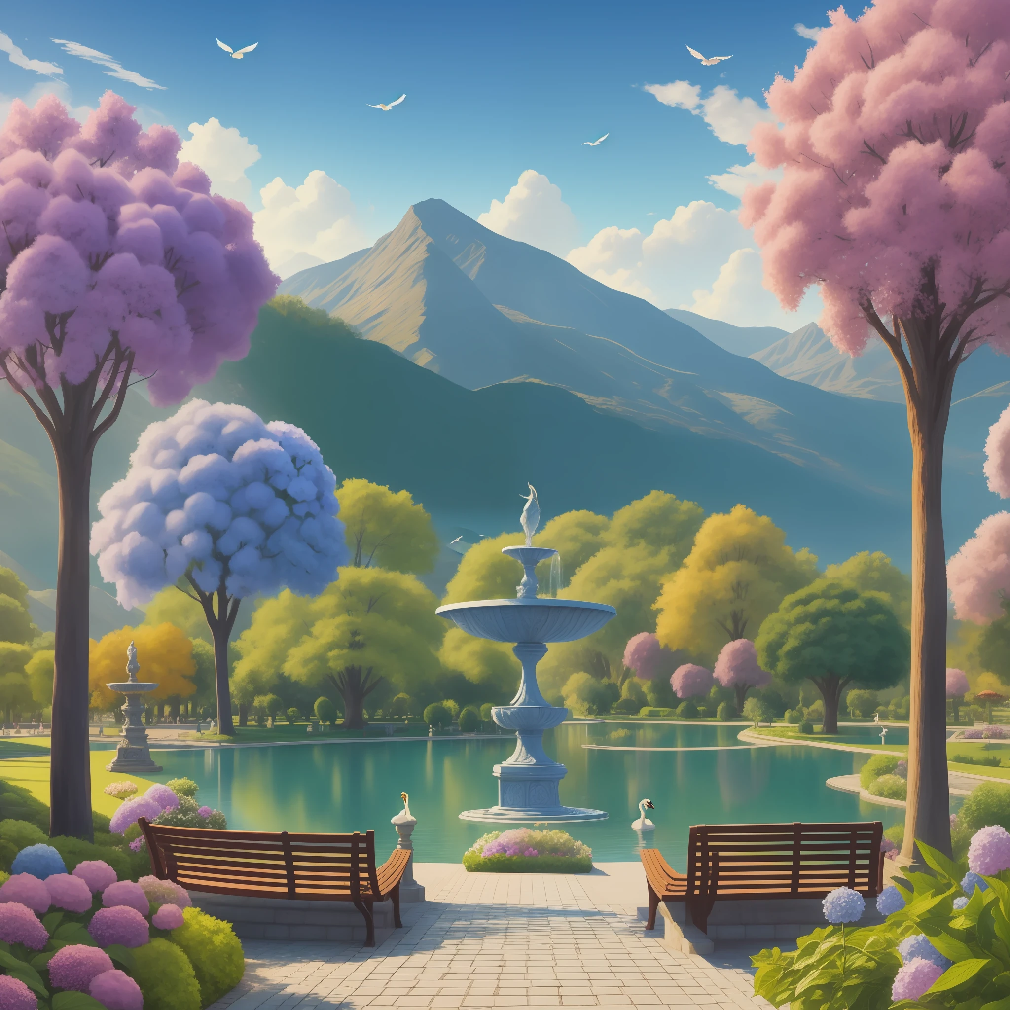 Park with exotic trees, old lake benches with swans, pavao na calçada rosaleda, hydrangeas a fountain with angels and chafariz mountains in the background, intricate details, with whatercolor outlines splach modern digital painting