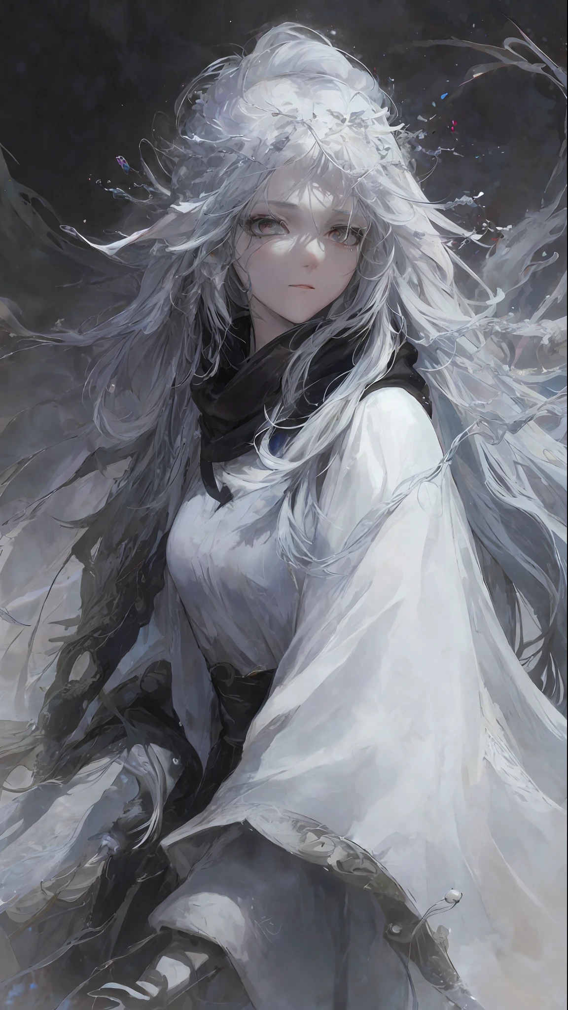 a close up of a woman with a white hair and a black scarf, a character portrait by Yang J, pixiv contest winner, fantasy art, white haired deity, beautiful character painting, artwork in the style of guweiz, the piercing stare of yuki onna, guweiz, with white long hair, with long white hair, flowing hair and long robes