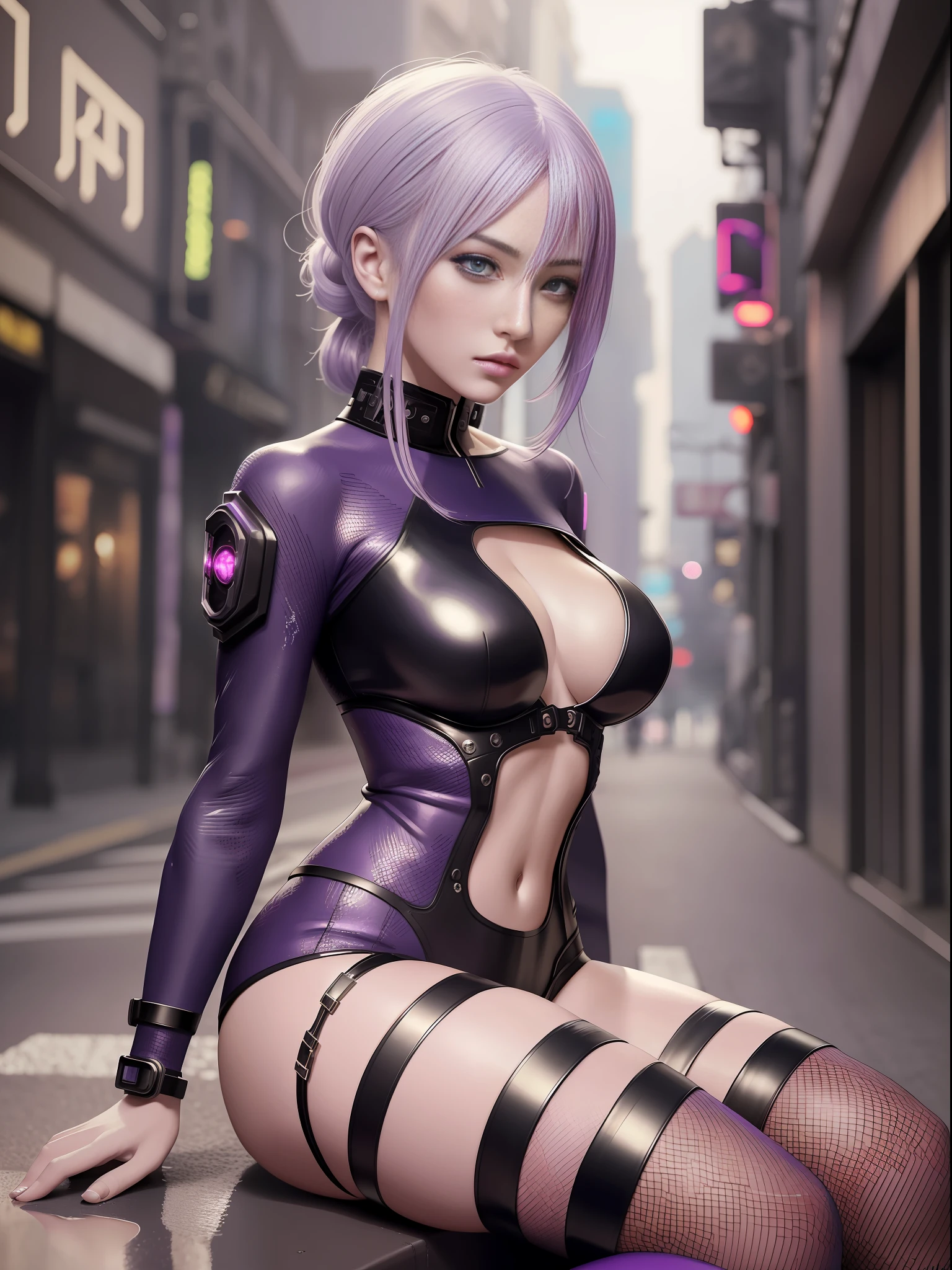 Cyberpunk woman, masterpiece, best quality, high resolution, extremely detailed CG, 8k, an extremely delicate and beautiful, finely detailed eyes and face, hyper detailed, (arms behind back: 1.5), (beautiful woman: 1.4), (teen: 1.5), lilac hair, cyberpunk streets, empty streets, sitting on the sidewalk,