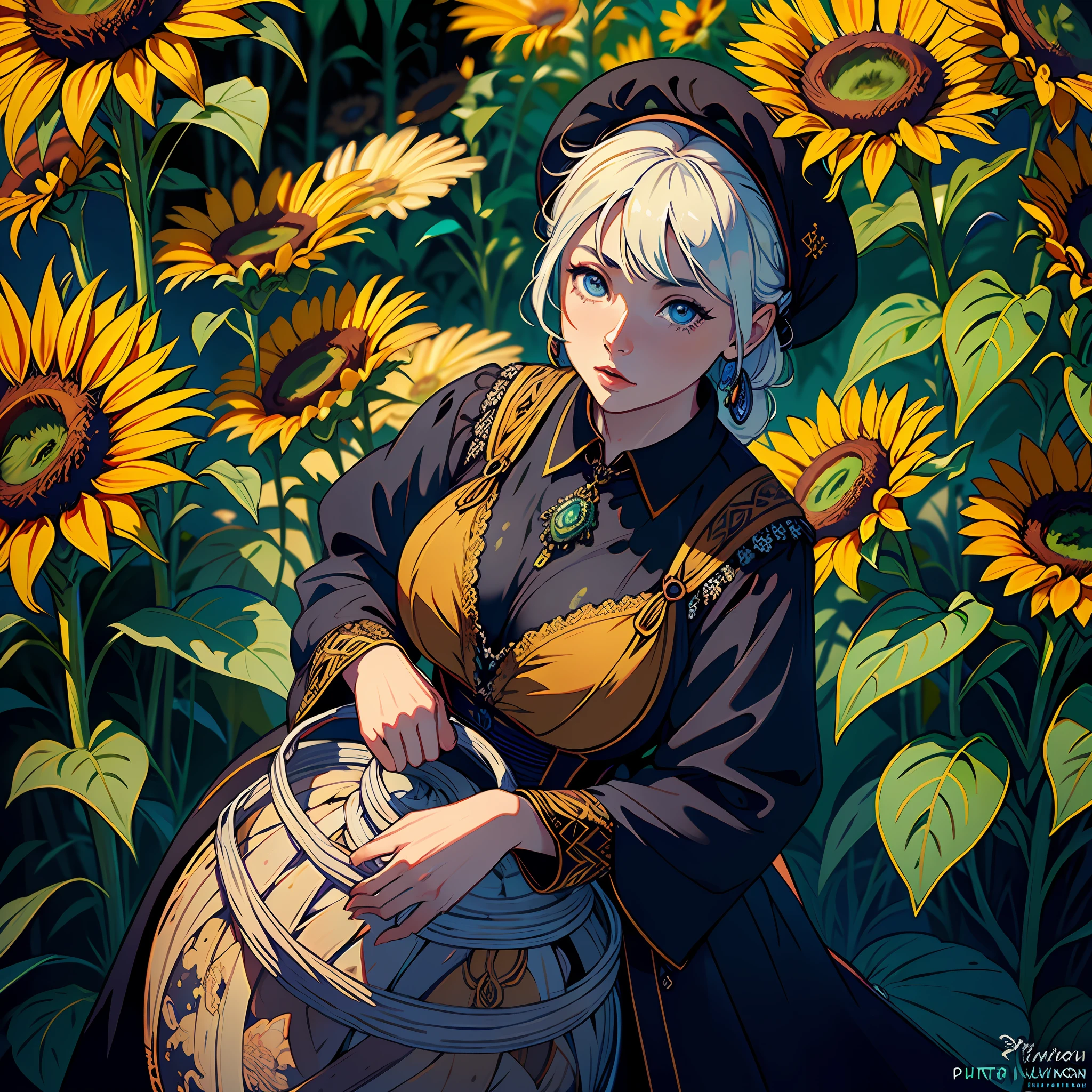 wide angle photo of a peasant woman holding a basket from which (thousands of sunflowers) flying and falling from the sky, (swirl of sunflowers) emerging from a peasant woman's basket, grotesque, ful body shot, cinematic lighting, high resolution, insane details, intricate details, hyperdetailed intricately detailed ultra realistic art trending on Artstation triadic colors Unreal Engine 5 detailed matte painting, deep color, fantastical, intricate detail, splash screen, complementary colors, fantasy concept art, 8k resolution, ultra realistic deviantart masterpiece, (dark shot:0.9), soft cinematic light, adobe lightroom, photolab, hdr, intricate, highly detailed