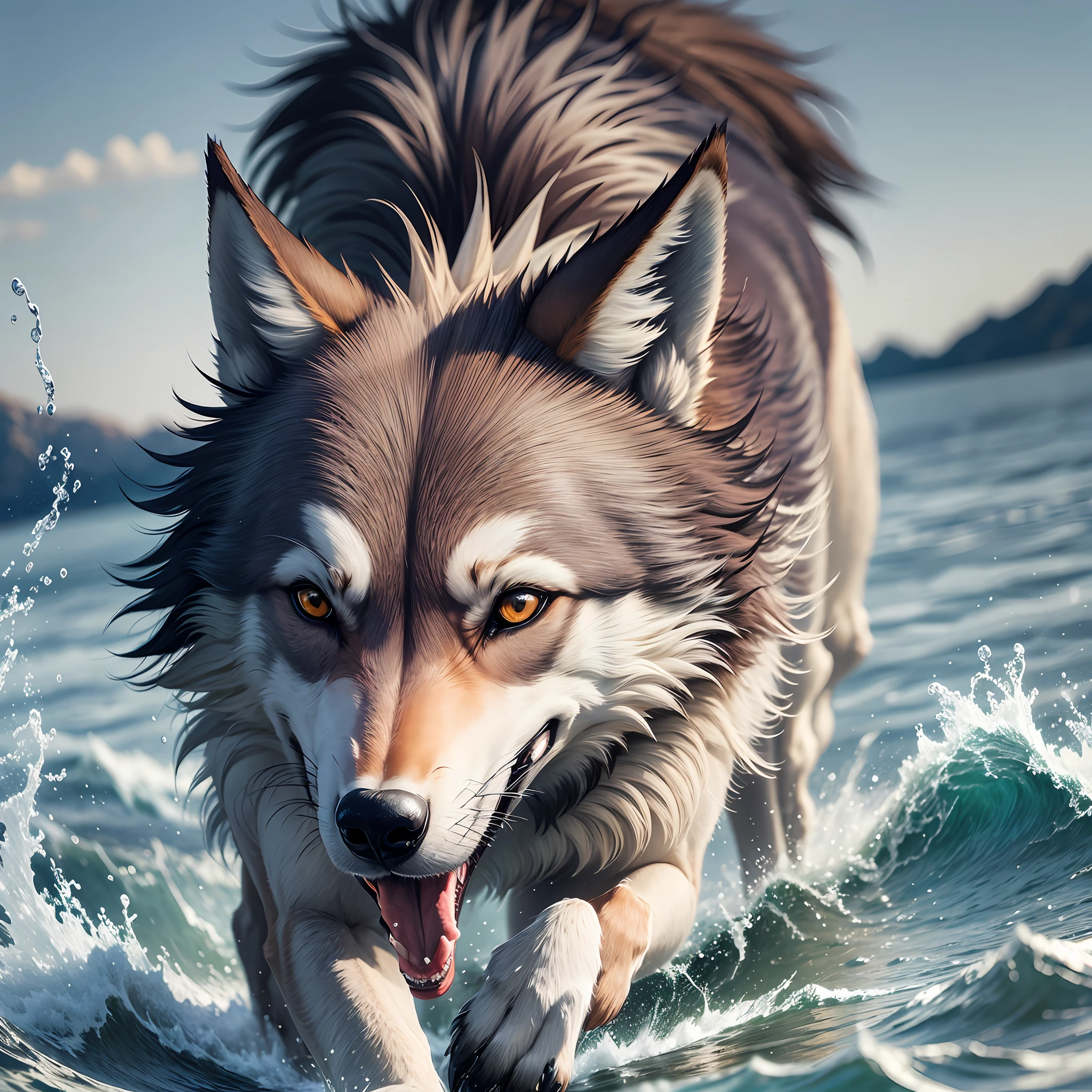 Wolf, running happily on a plain full of water