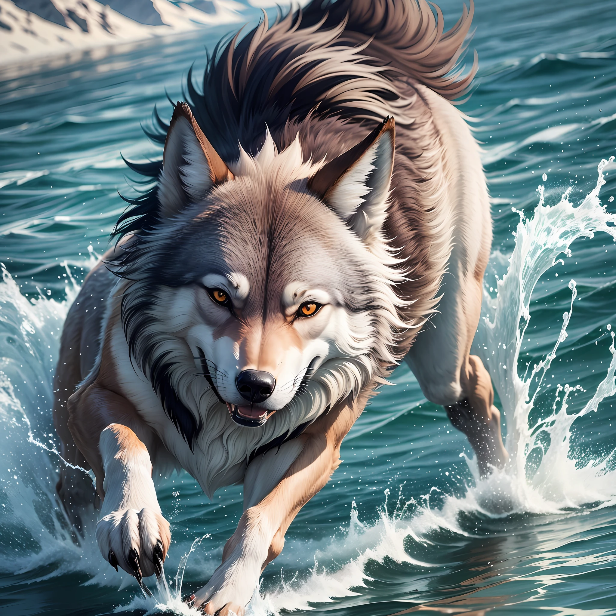 Wolf, running happily on a plain full of water