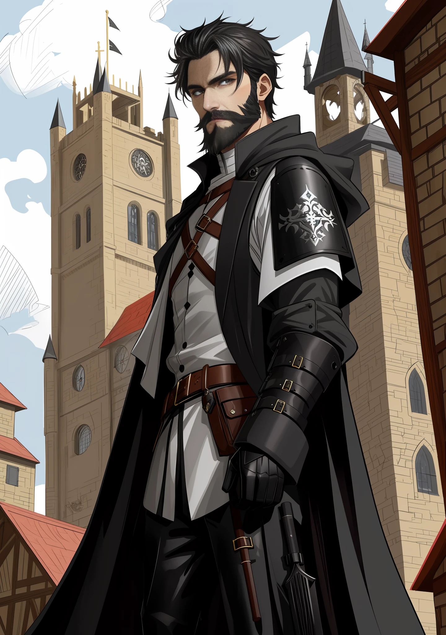 long black beard, 35y old man in coat and black pants, medieval fantasy style, black gloves, dystopian outfit, U, multilayered outfit, cute fine face, rounded eyes, perfect face, by artgerm, wloop, bits of color, Sketch book, hand drawing, dark, gritty, realistic sketch, Rough sketch, mix of bold dark lines and loose lines, bold lines, on paper, character sheet