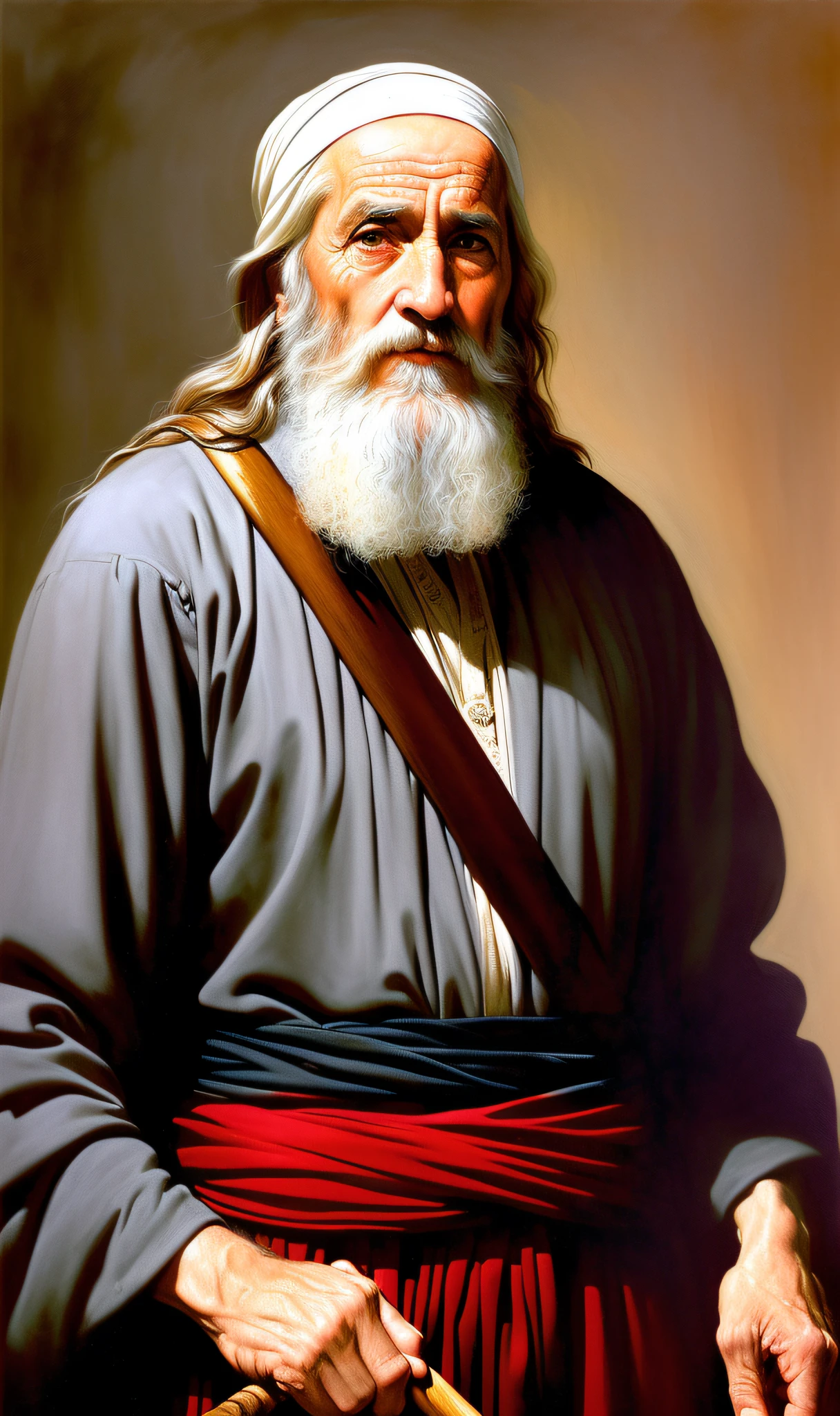 A lovely ultra fine realistic portrait of Moses the prophet, an old Hebrew man, long gray hair, long gray beard, wearing black and red striped tunic, holding a staff, in front view, full body, biblical, realistic, intricate detail, by abbott fuller graves, bartolome esteban murillo, jc leyendecker, craig mullins, peter paul rubens, (caravaggio), trend in artstation, 8k, Concept Art, Fantasy Art, PhotoRealistic, Realistic, Illustration, Oil Painting, Surrealism, HyperRealistic, brush strokes, Digital Art, analog style, watercolor