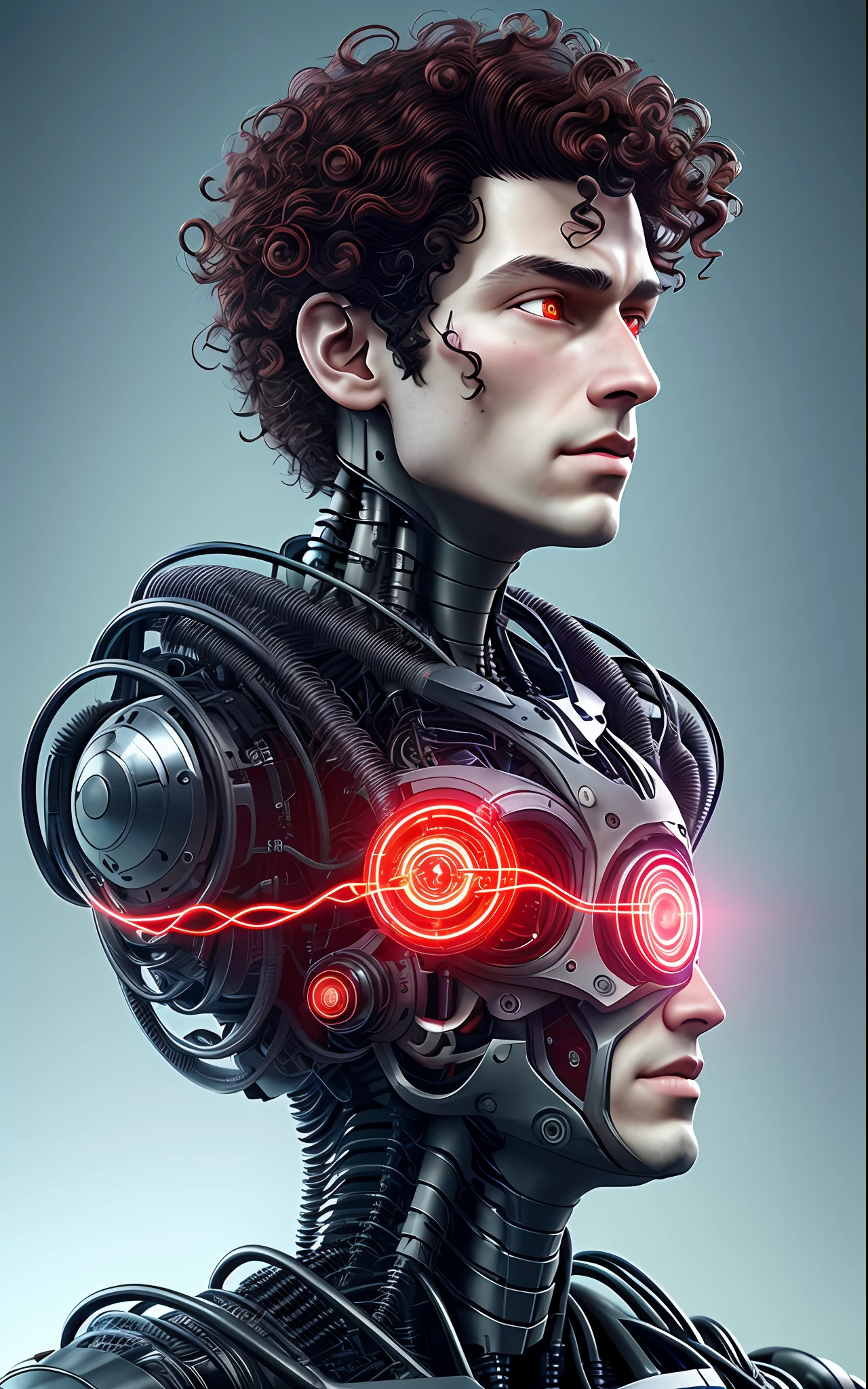 Male curly hair, (bright red eyes: 1.1), curly hair Ugly curly, ultra detailed complex 3d rendering of a beautiful profile an android boy face, cyborg, robotic parts, 150 mm, beautiful soft studio light, rim light, vibrant details, luxurious cyberpunk, hyper-realistic, anatomical, facial muscles, ugly curly hair, electric wire cable, microchip, elegant, beautiful background,  render octane, HR Giger style, 8k, best quality, masterpiece, illustration, extremely delicate and beautiful, extremely detailed, male curly hair
