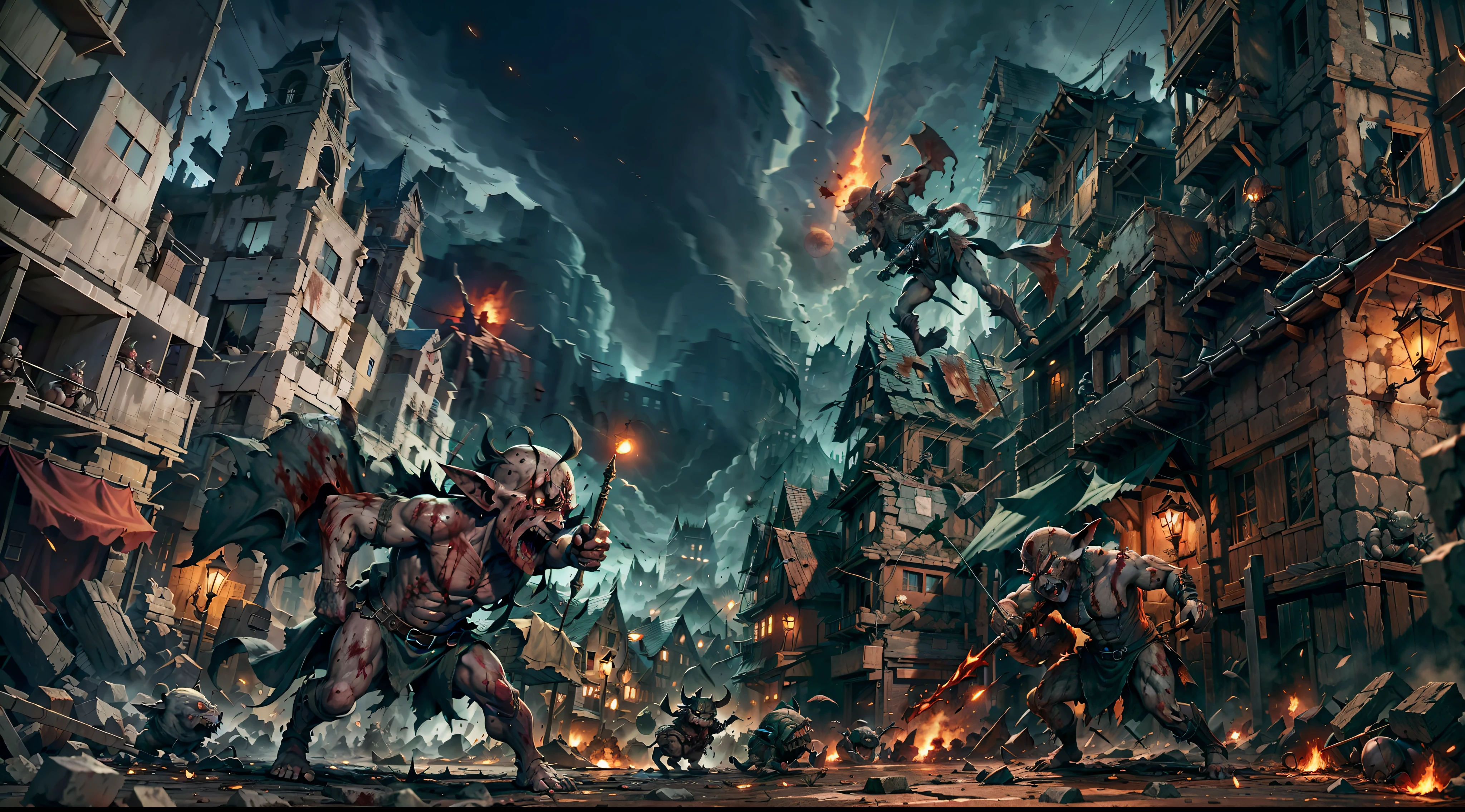 deformed goblins destroying a medieval city, night, bloody, blood, corpses, gore