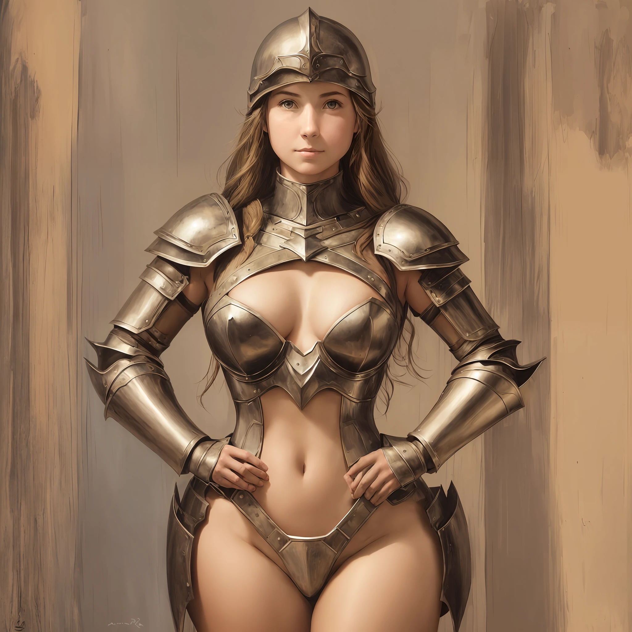 Amelia, (breasts, three-quarter portrait, facing viewer, hands on hips, female, nudes, armor --auto --s2