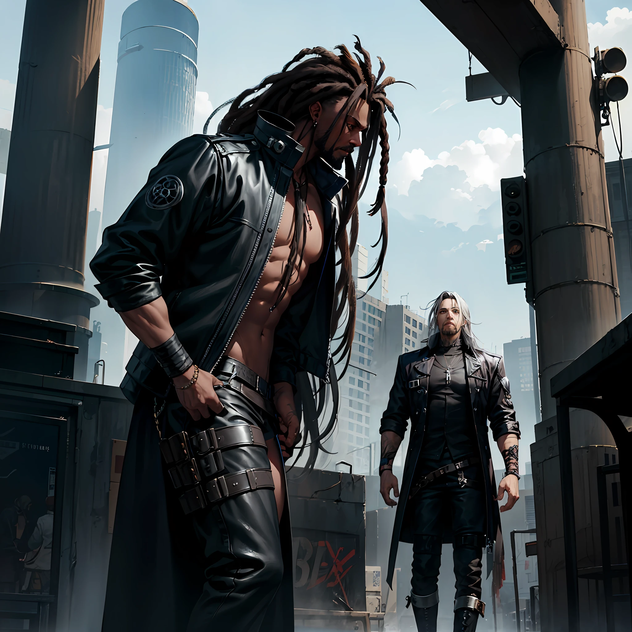 Black man with skin in a lighter shade, long hair dark dreadlock style, thin, 40 years old, goatee, in a post-apocalyptic world setting, dark clothes, anime style, modern urban dark warrior clothes, render maximum quality, Joe Madureira style, hyper-realistic, Gothic jacket retro punk male