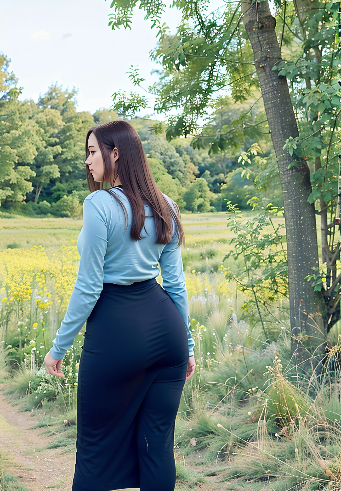 araffe woman in a skirt and a long sleeved top standing in a field, skinny waist and thick hips, wearing tight simple clothes, tight attire, tight outfit, thin waist, wearing black tight clothing, thicc, good hips and long legs, picture from behind, tight dress, back pose, casual pose, low view, photo of slim girl, big booty, sexy booty.