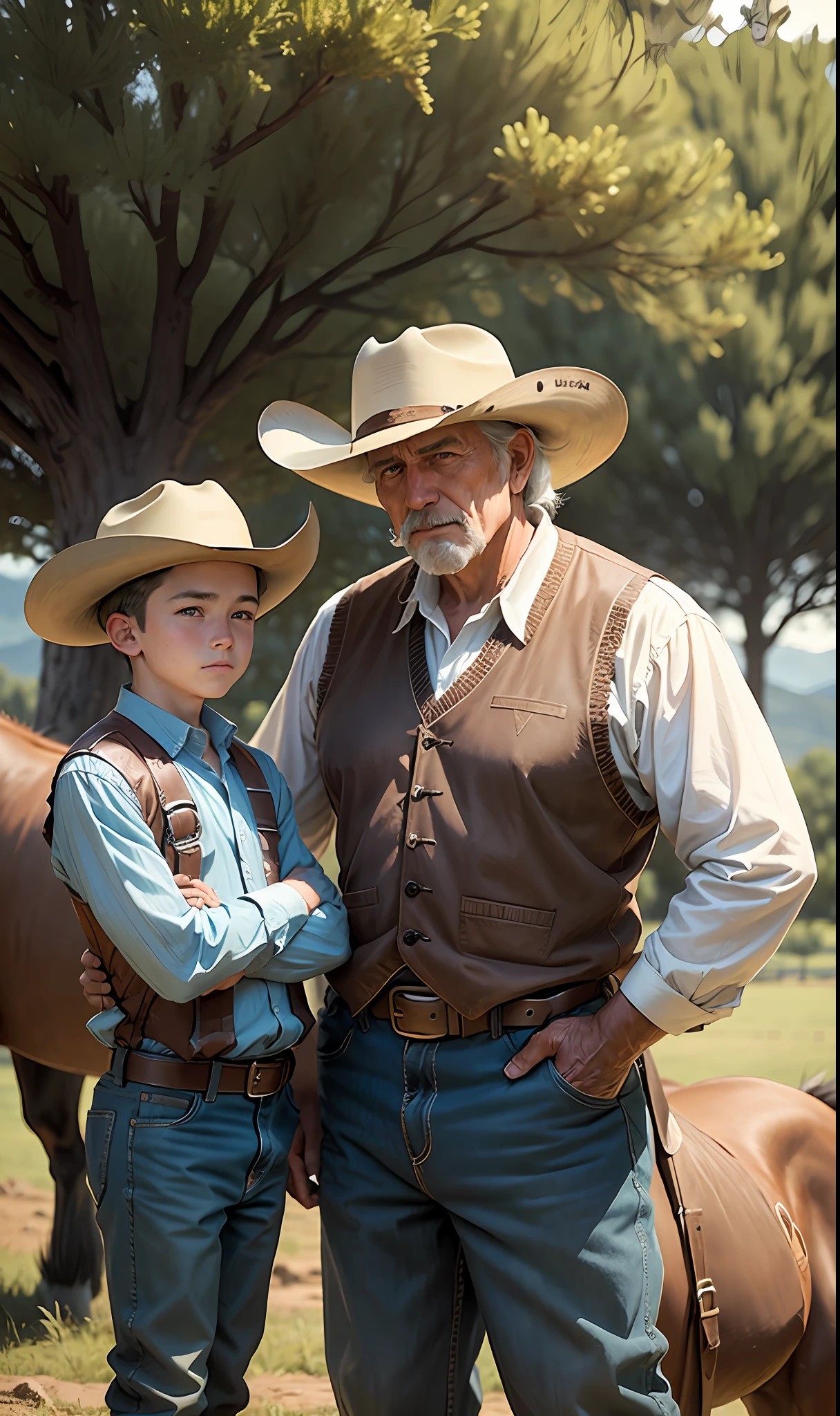 (a old cowboy grandfather with his grandson on his ranch, horses and trees in the background)