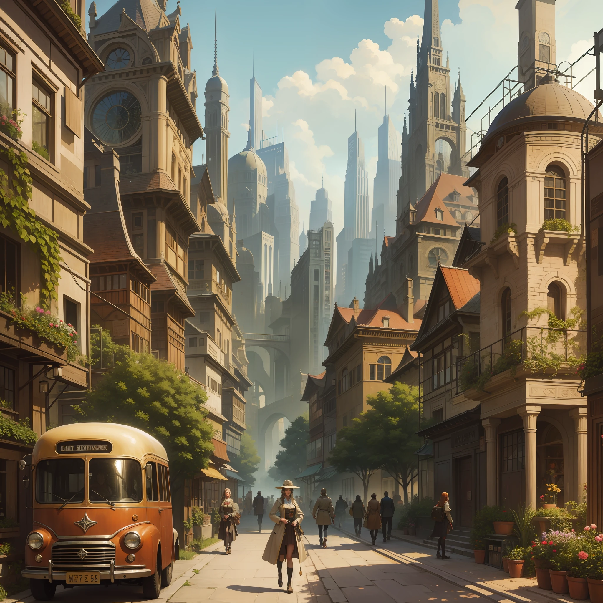 a stimpunk city, surrounded by gardens old cars and walking walks, digital painting Renaissance painting