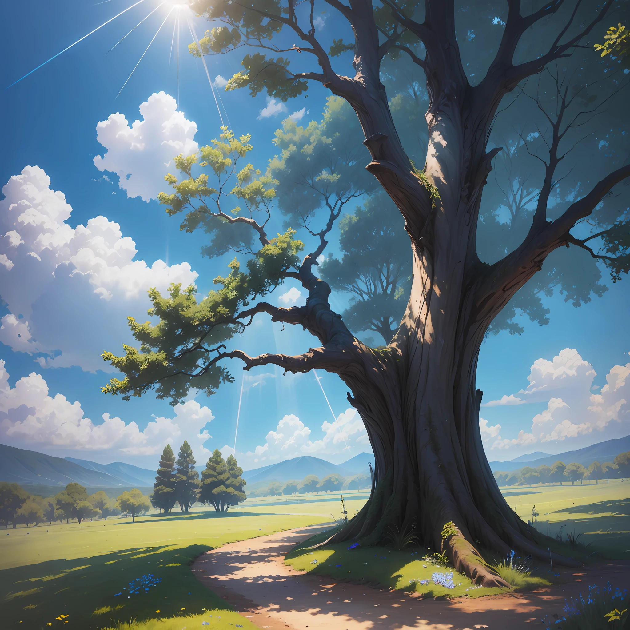 Mystical blue sword, releasing bright rays, leaning against a tree, soil