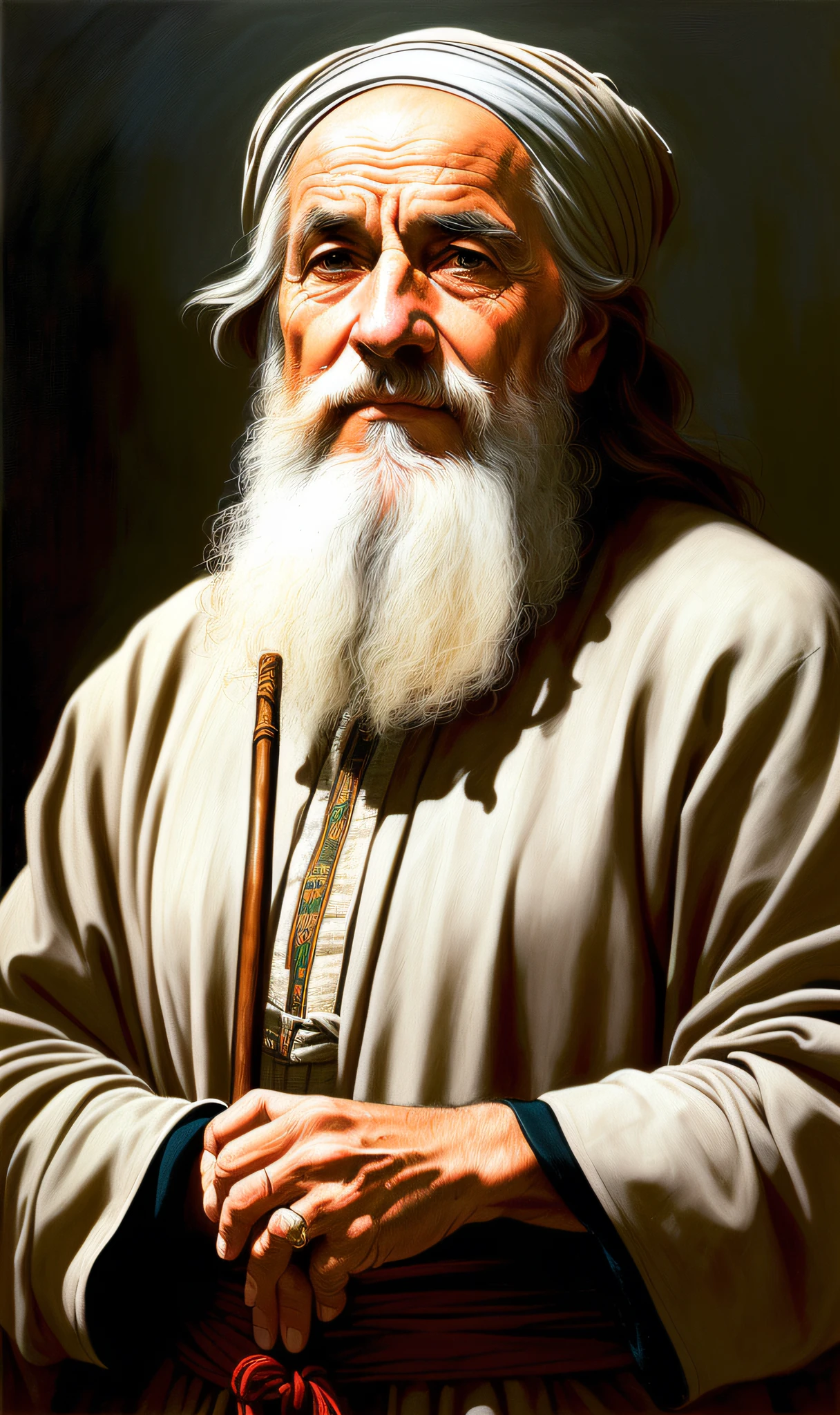 A lovely ultra fine realistic portrait of Moses the prophet, an old Hebrew man, long gray hair, long gray beard, wearing black and red striped tunic, holding a staff, in front view, full body, biblical, realistic, intricate detail, by abbott fuller graves, bartolome esteban murillo, jc leyendecker, craig mullins, peter paul rubens, (caravaggio), trend in artstation, 8k, Concept Art, Fantasy Art, PhotoRealistic, Realistic, Illustration, Oil Painting, Surrealism, HyperRealistic, brush strokes, Digital Art, analog style, watercolor