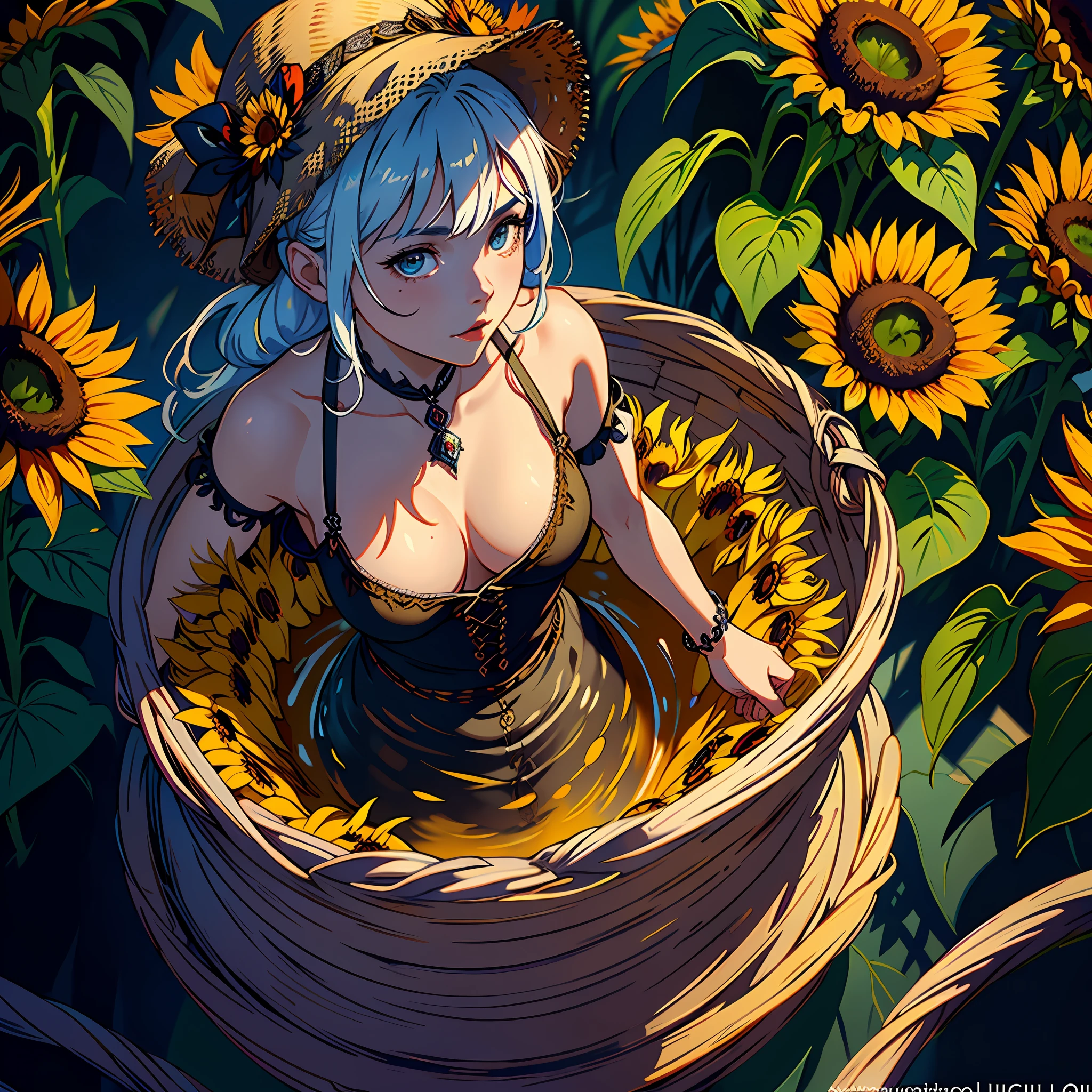 wide angle photo of a peasant woman holding a basket from which (thousands of sunflowers) flying and falling from the sky, (swirl of sunflowers) emerging from a peasant woman's basket, grotesque, ful body shot, cinematic lighting, high resolution, insane details, intricate details, hyperdetailed intricately detailed ultra realistic art trending on Artstation triadic colors Unreal Engine 5 detailed matte painting, deep color, fantastical, intricate detail, splash screen, complementary colors, fantasy concept art, 8k resolution, ultra realistic deviantart masterpiece, (dark shot:0.9), soft cinematic light, adobe lightroom, photolab, hdr, intricate, highly detailed