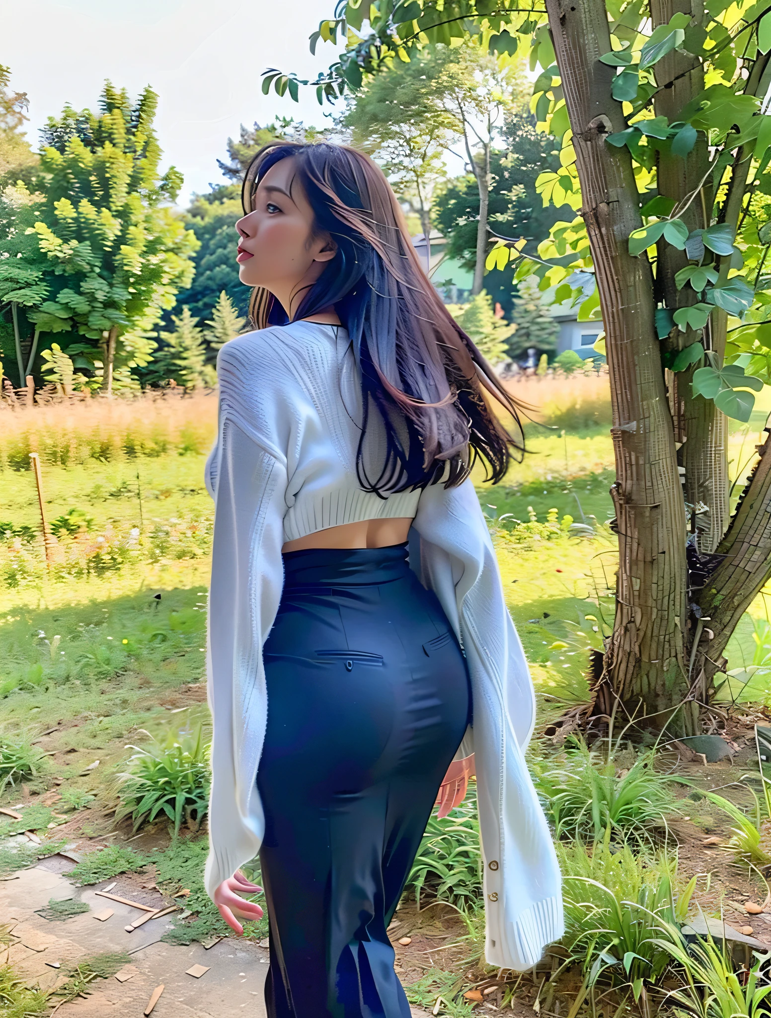(Best quality, 8k, 32k, Masterpiece, UHD:1.2),Photo of Pretty Japanese woman, large breasts, very short bob hair,upper body,(oversized_sweater,:1.1) necklace, simple background, looking at around, big booty, sexy booty.
