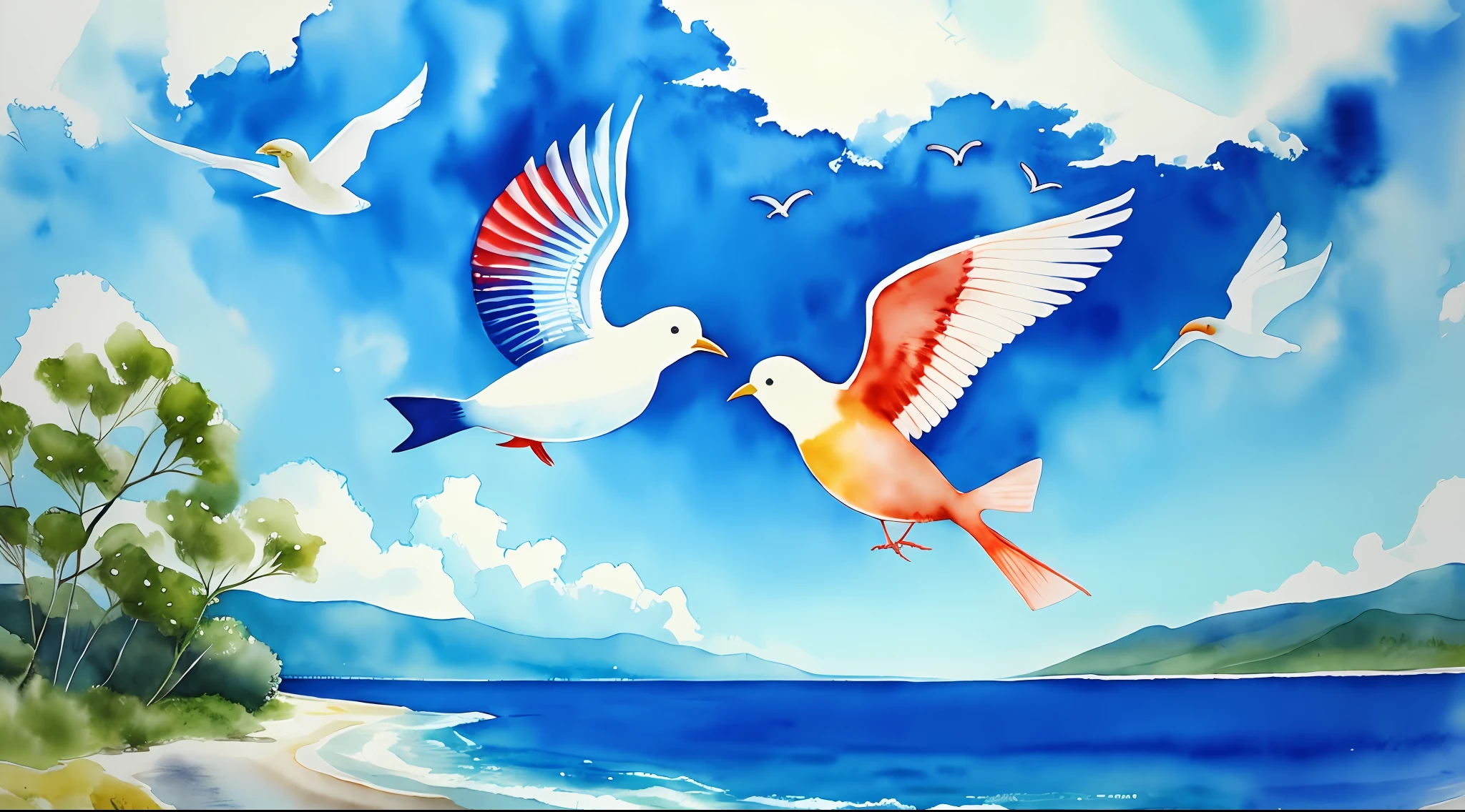 On the fifth day, God filled the waters with fish and sea creatures. He also created the birds that fly in the sky. God saw it was good.painting watercolor