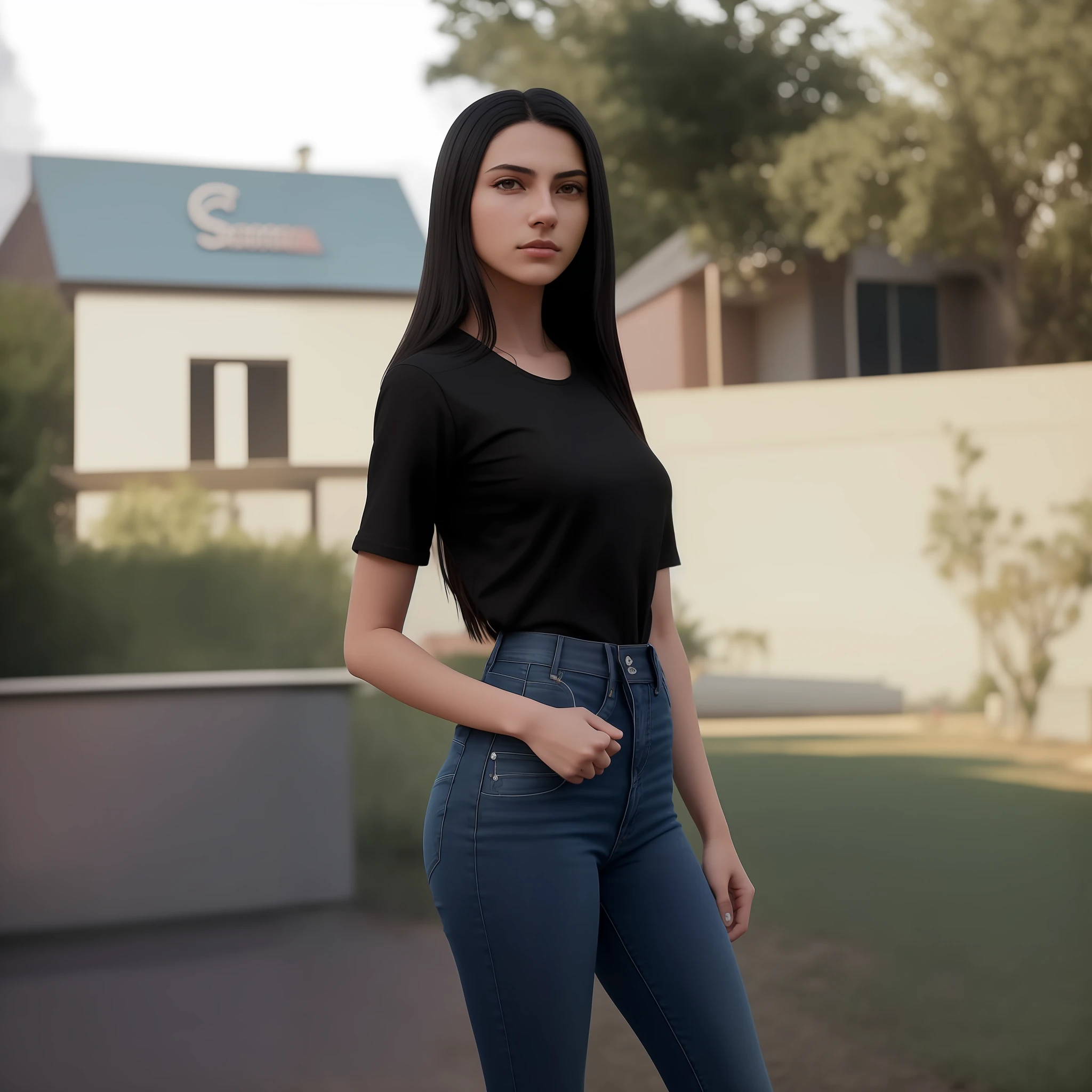 Gta style woman in jeans and black shirt standing in the yard, with astronomical background Marischa Becker, 18 years old, photo taken on 2 0 2 0, girl of 19 years, 1 6 years, about 20 years, about 20 years, she is about 20 years old, 4k, sharp focus, (cinematic lighting, [:(detailed face:1.2):0.2]