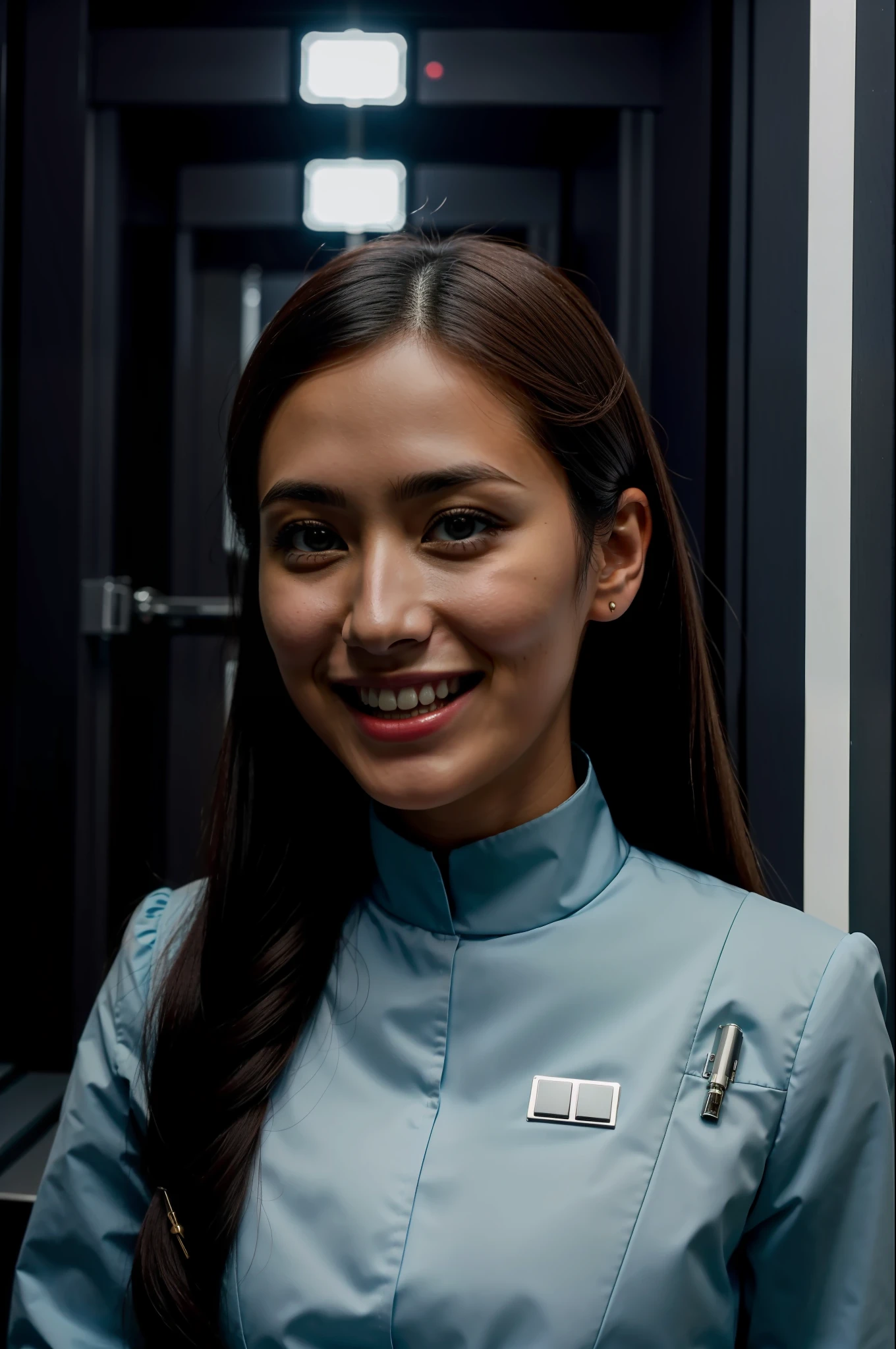 young woman with long hair in imbank uniform smiling ,in a interrogation room, 8k uhd, dslr, soft lighting, high quality, film grain,masterpiece quality,Fujifilm