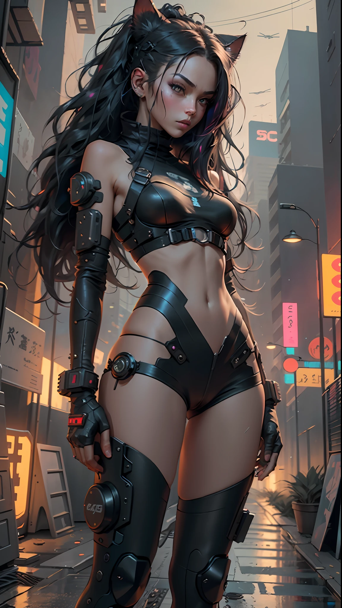 Cyberpunk neko catgirl with cyberpunk prosthetics, long hair, cyberpunk city streets background, futuristic style, Sci-fi, hyper detailed, energy clots, photorealism, hyper realism, acceleration, light flash, speed, painting, 8K, HD, super resolution , Cinematic, Long Exposure, 8K, HD, Super-Resolution,