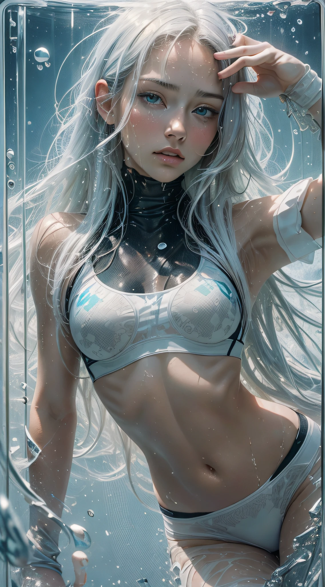 (Masterpiece), (Best Quality:1.0), (Ultra High Definition:1.0), Portrait, 1 Girl, Detailed Beautiful Wet Skin, Face Focus, Tomboy, Skinny, Very Long Hair, Norwegian Face, Wallpaper 8k, (White Colorful Hair) , Beauty, (breasts_on_glass), Makeup, White Sports Bra, Tight Leggings, Full Body