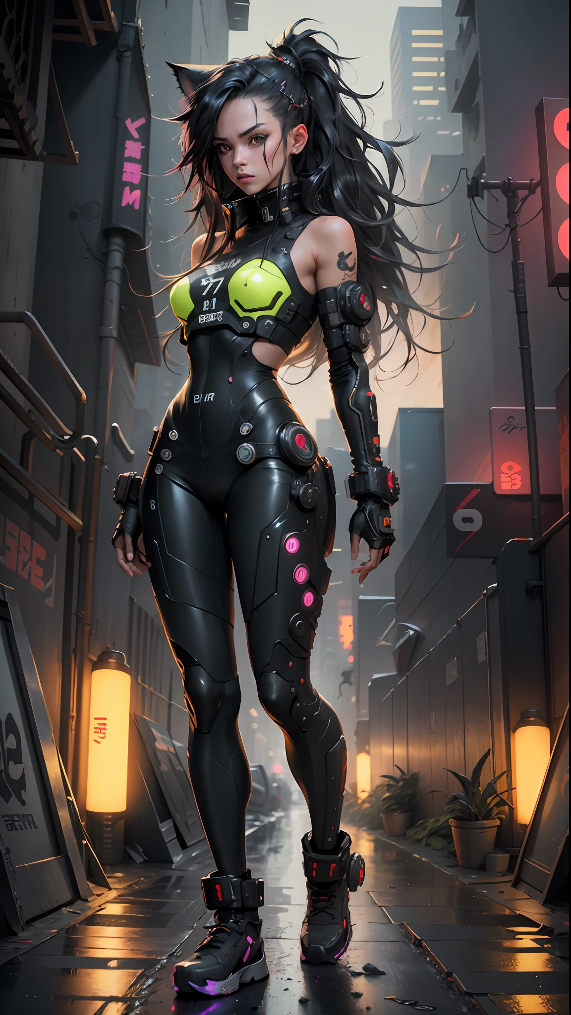 Cyberpunk neko catgirl with cyberpunk prosthetics, long hair, cyberpunk city streets background, futuristic style, Sci-fi, hyper detailed, energy clots, photorealism, hyper realism, acceleration, light flash, speed, painting, 8K, HD, super resolution , Cinematic, Long Exposure, 8K, HD, Super-Resolution,