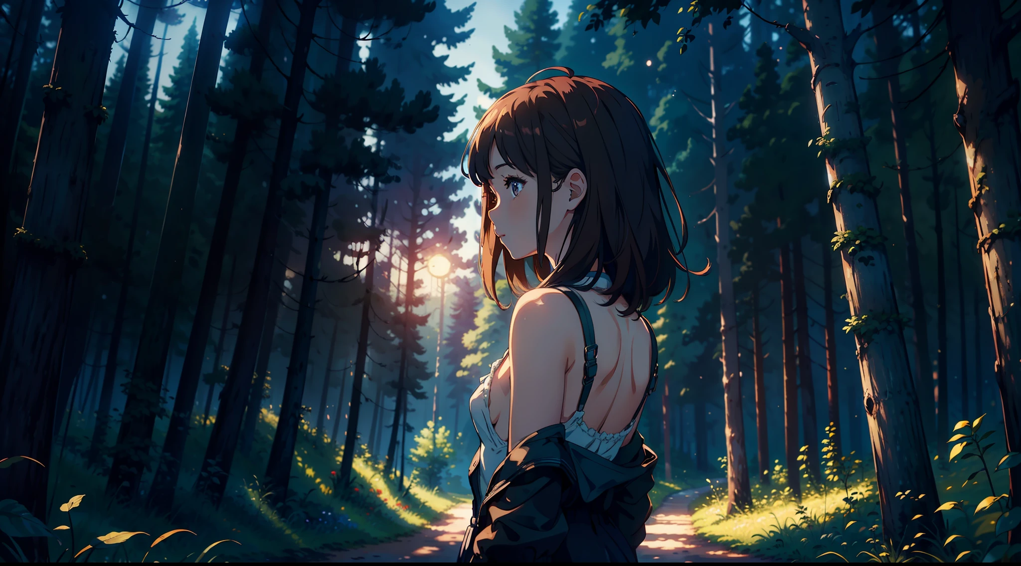 (masterpiece), in the forest, girl, small breasts, brown hair, from behind, looking at horizont, night, stars, UHD, (high detailed)