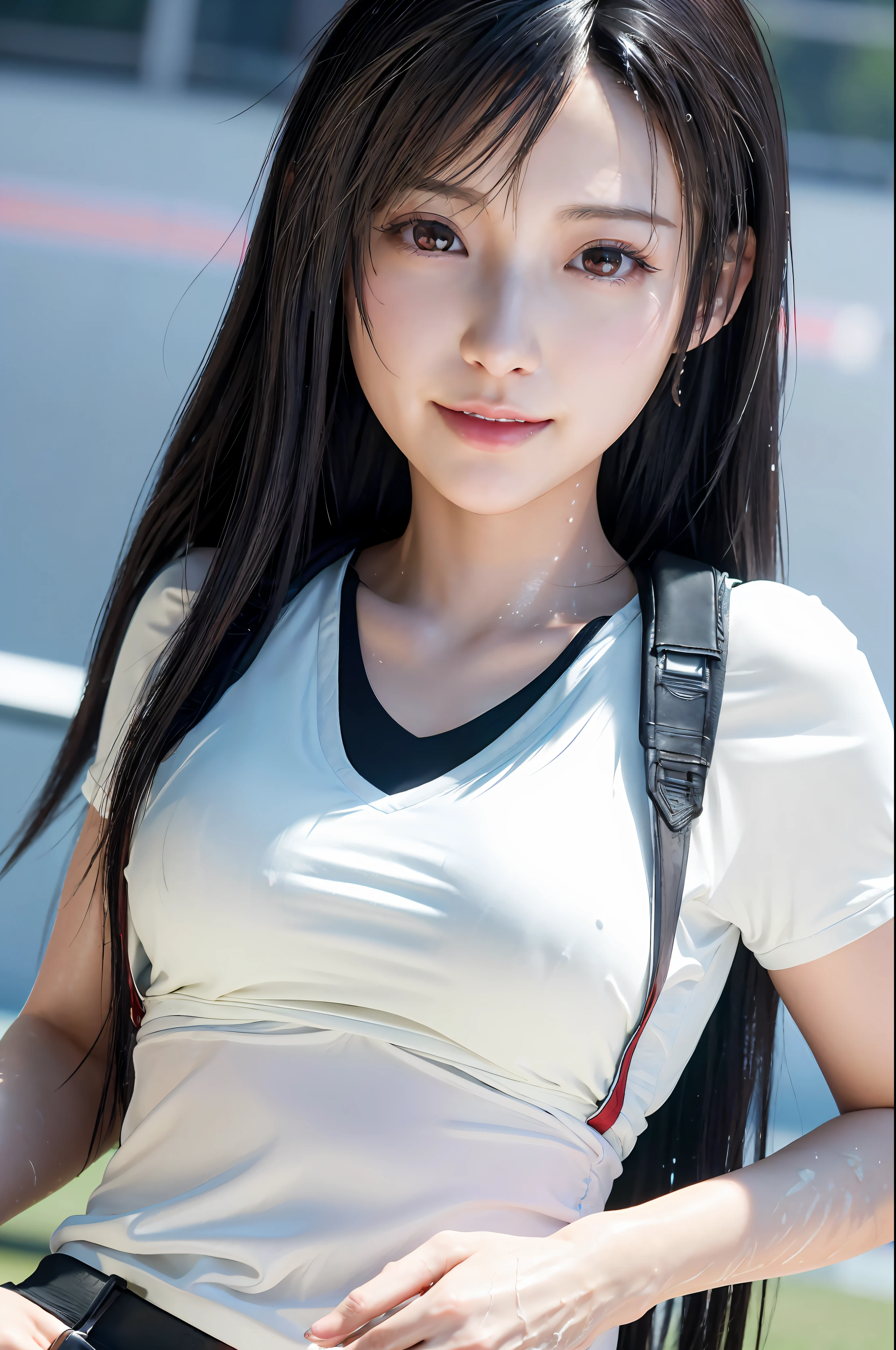 (8K, Best Quality, Masterpiece: 1.2), (Realistic, Photorealistic: 1.37), Super Detailed, One Girl, Cute, Solo, (Tifa Lockhart), (Beautiful Fine Eyes), (Smile: 1.2), (Closed Mouth), Erotic Pose, (red_eyes), NSFW, Perfect Breasts, Wet, Sweat, Glossy Skin, Sportswear ((Soccer Jersey)