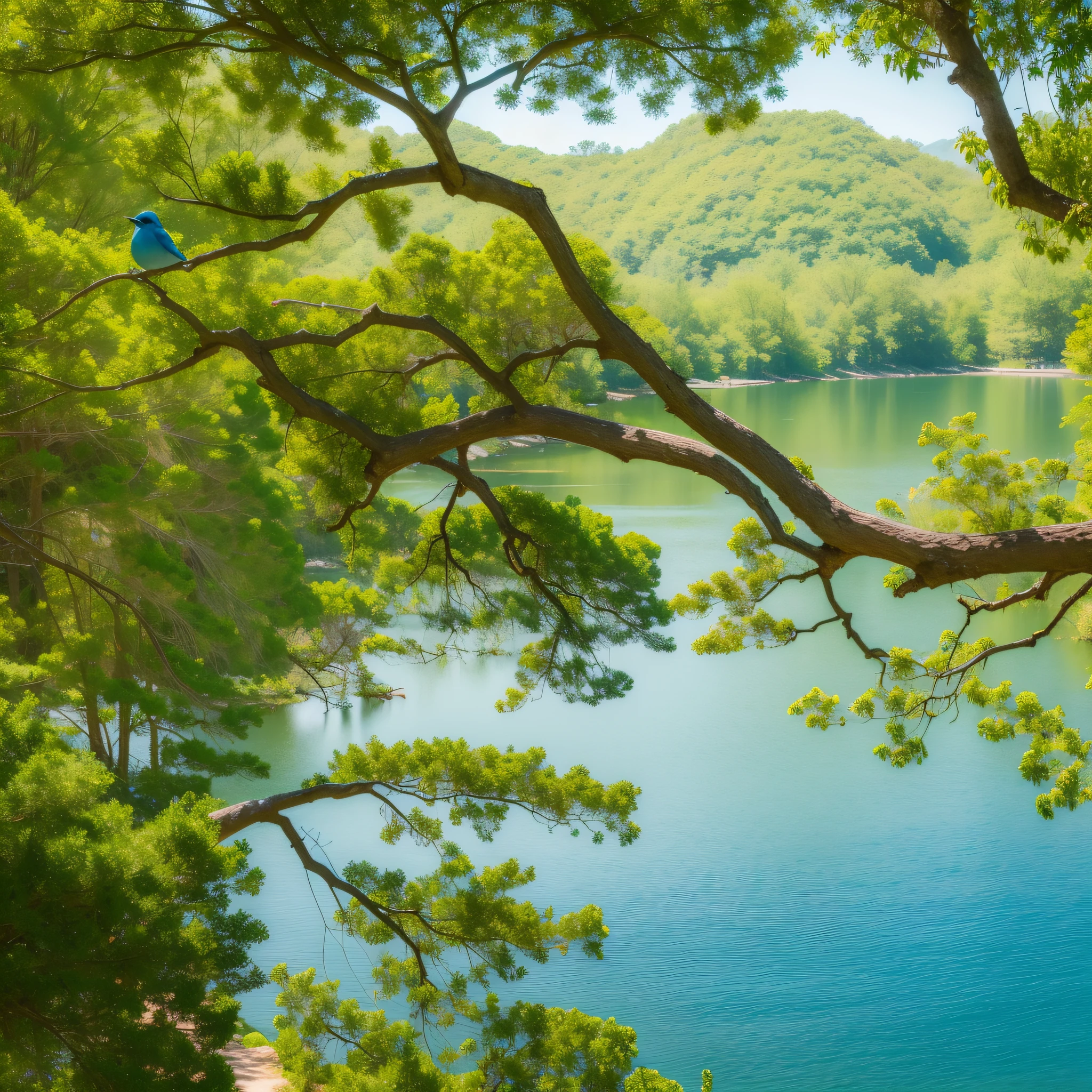 "Imagine a quiet and cozy setting: a lake surrounded by a variety of plants and trees. Highlight for a tall, leafy tree that stands out in the landscape, with a small blue bird perched on one of its branches." --auto --s2