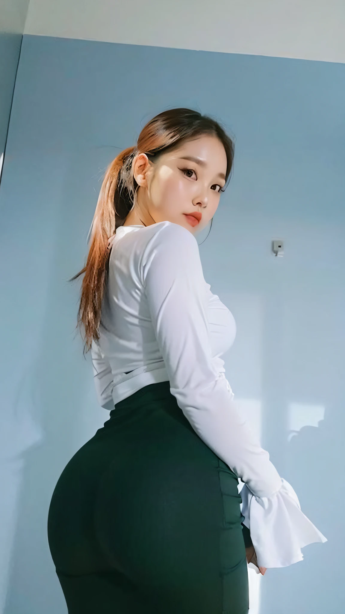there is a woman in a skirt posing for a picture, korean girl, korean woman, beautiful south korean woman, thicc, skinny waist and thick hips, gorgeous young korean woman, bbwchan, attractive pose, beautiful young korean woman, wearing tight simple clothes, tight attire, tight outfit, heonhwa choe, asian women, 🐎🍑, wearing tight shirt, big booty, sexy booty.