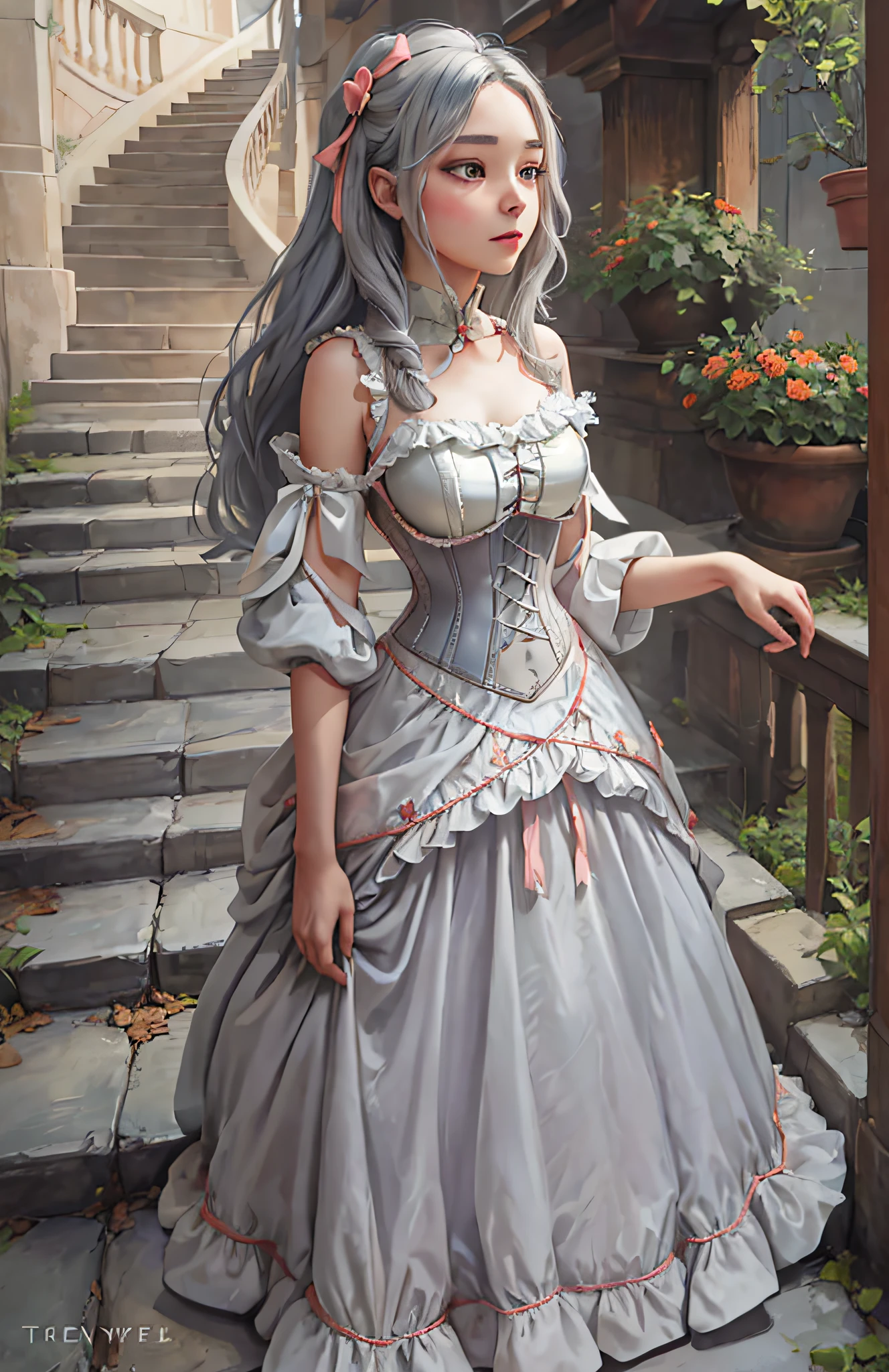 ((masterpiece, best quality)), anime girl with long gray hair and white peasant style party dress with details in coral color and a bow
,corset