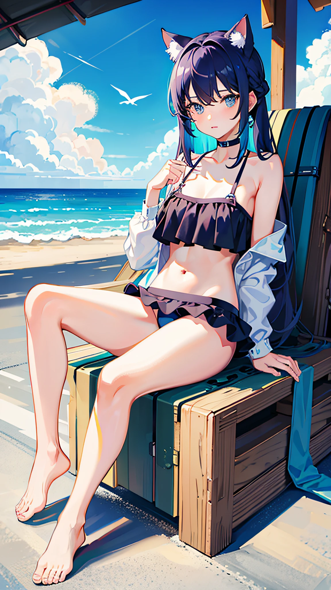 Masterpiece, top quality, meteorites
clouds, swimsuit, cat-eared girl, full body, far shot, bikini, sky, side tie_bikini, barefoot, chest, solo, blue_sky, looking_at_viewer, cloudy_sky, blue_bikini, sitting, long_hair, navel, day, front tie_top, build, front tie_bikini, off_shoulder, bare_shoulders, spread your legs