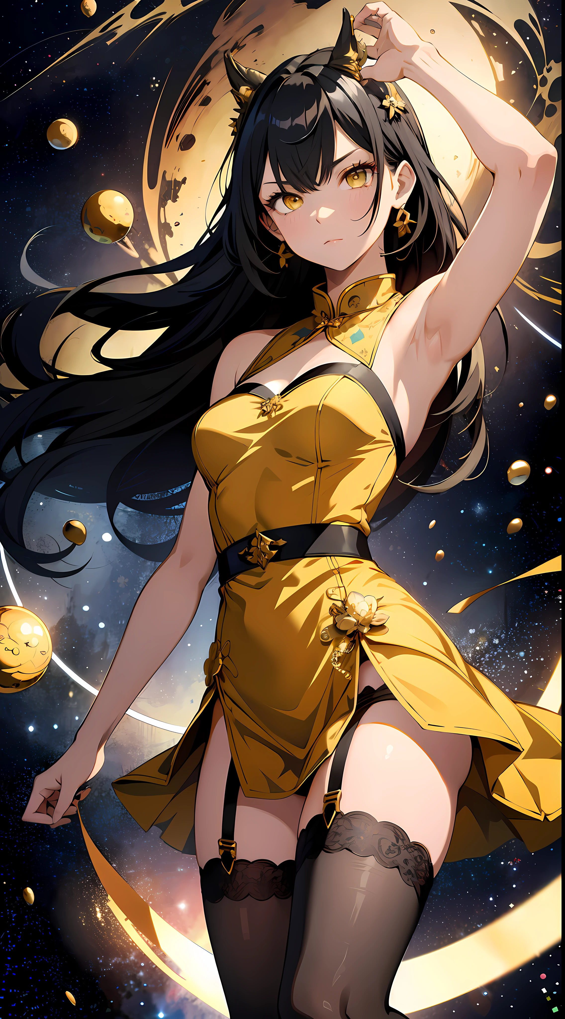 absurd res, high res, (masterpiece:1.4), ultra-detailed, 1girl, from front, space, floating, gold Chinese dress, yellow dress, stockings, black hair, golden eyes, yellow eyes, garter belt, the gap, angry look
