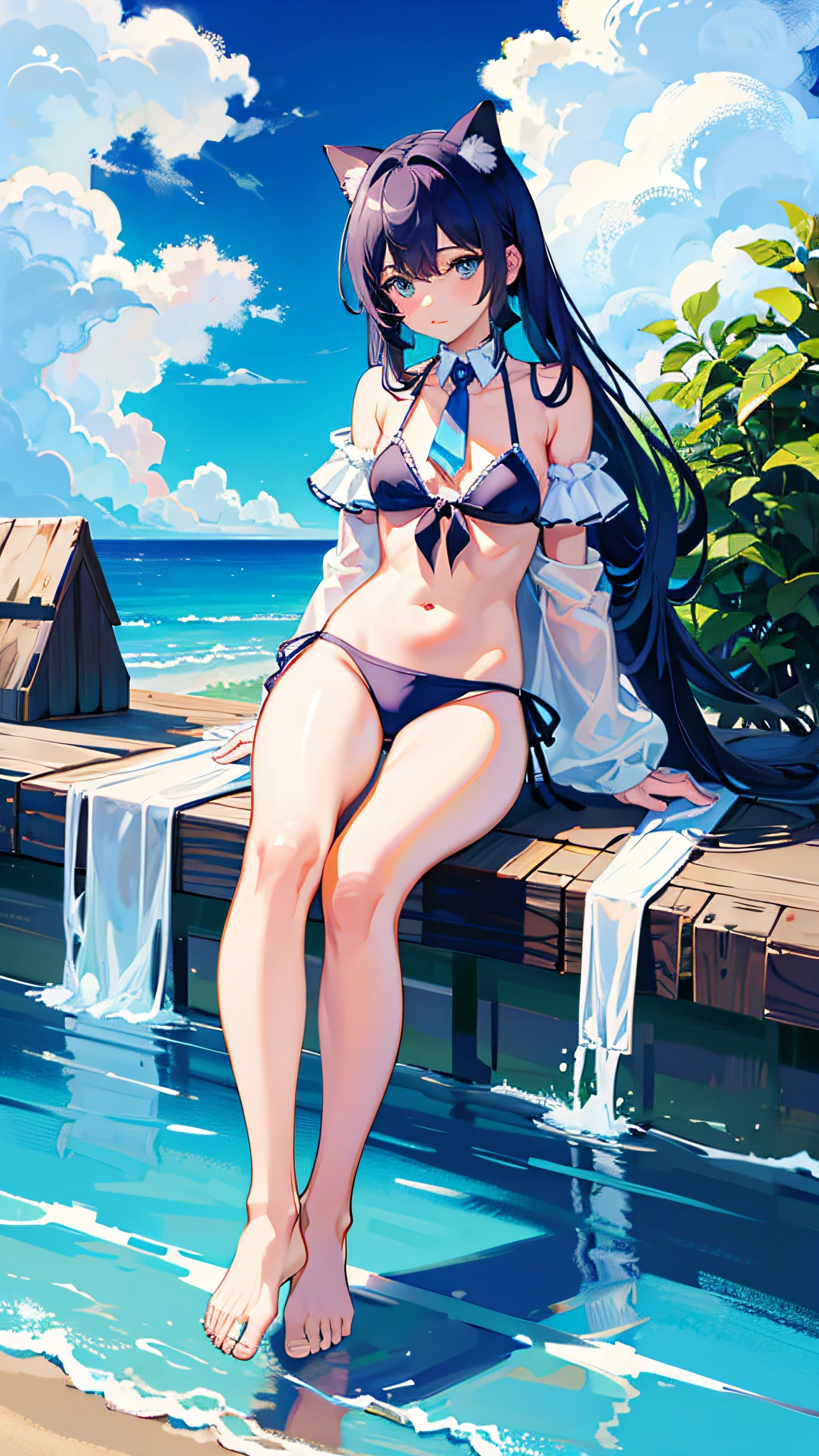 Masterpiece, top quality, meteorites
clouds, swimsuit, cat-eared girl, full body, far shot, bikini, sky, side tie_bikini, barefoot, chest, solo, blue_sky, looking_at_viewer, cloudy_sky, blue_bikini, sitting, long_hair, navel, day, front tie_top, build, front tie_bikini, off_shoulder, bare_shoulders, spread your legs