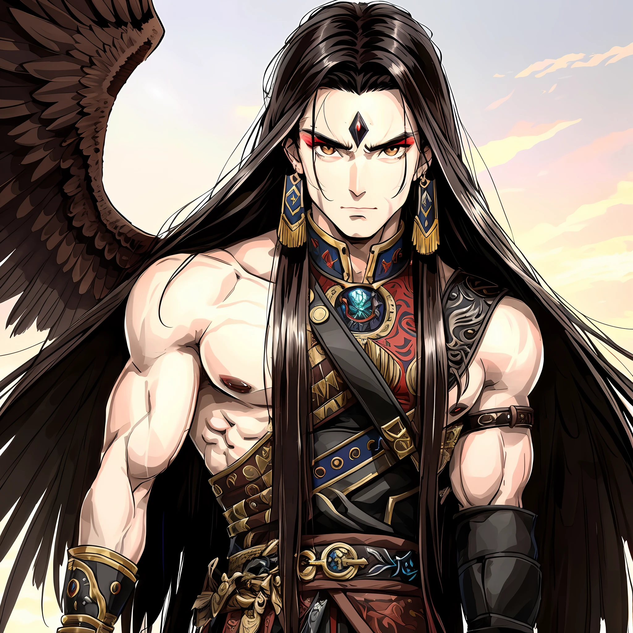 A man, with the appearance of a serious-faced Warrior god, who has long straight, black hair, has raven wings and dark brown eyes