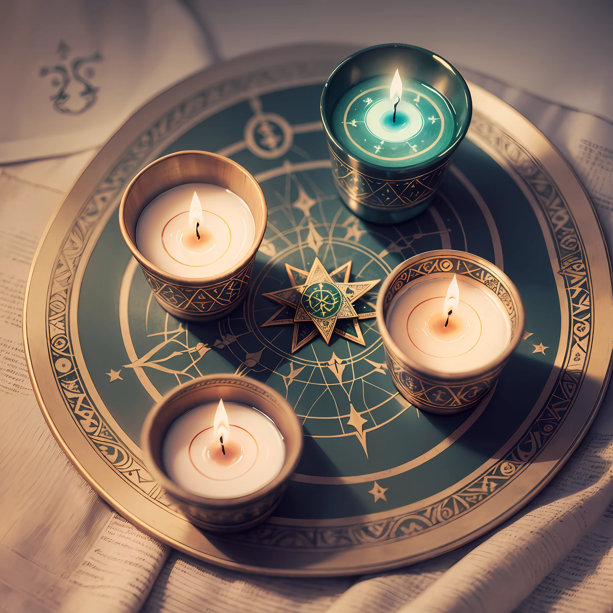 Esoteric symbols in a table with some candles and tarot cards --auto --s2
