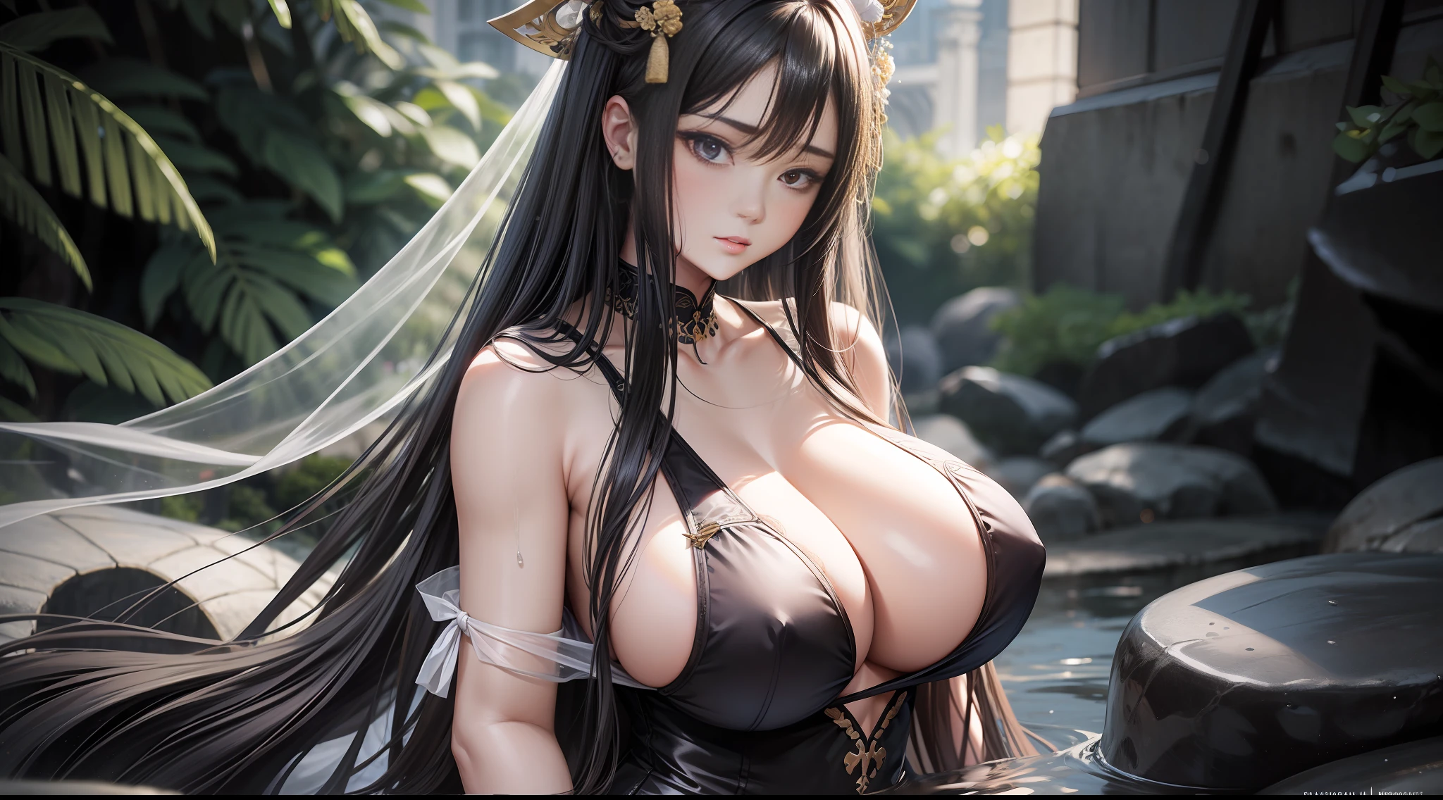 Exposed thighs and shoulders, plump body, upper body, masterpiece, superlative, (realism: 1.4), high resolution, long hair,  enlargement, overflowing breaste, huge breast marks,side rocks or temples or bridges, hanfu, sheer, bulge, sheer fabric, translucent fabric, wet fabric,