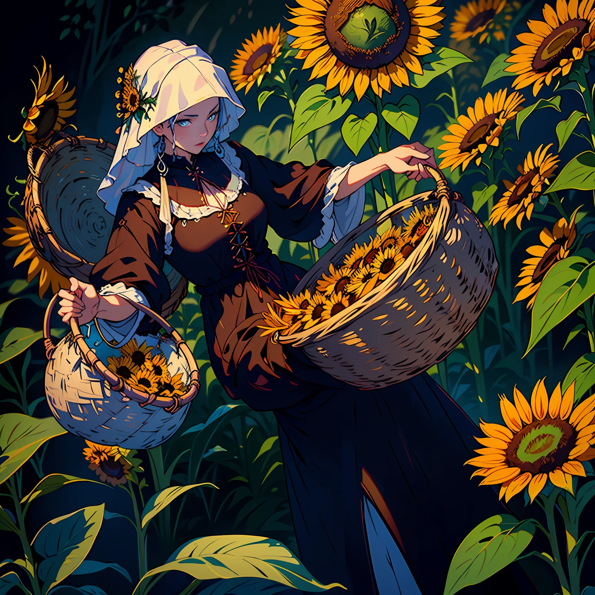 (wide angle photo of a (peasant woman holding a basket) from which (thousands of sunflowers flying) and (falling from the sky)), (swirl of sunflowers) emerging from a peasant woman's basket, grotesque, ful body shot, cinematic lighting, high resolution, insane details, intricate details, hyperdetailed intricately detailed ultra realistic art trending on Artstation triadic colors Unreal Engine 5 detailed matte painting, deep color, fantastical, intricate detail, splash screen, complementary colors, fantasy concept art, 8k resolution, ultra realistic deviantart masterpiece, (dark shot:0.9), soft cinematic light, adobe lightroom, photolab, hdr, intricate, highly detailed