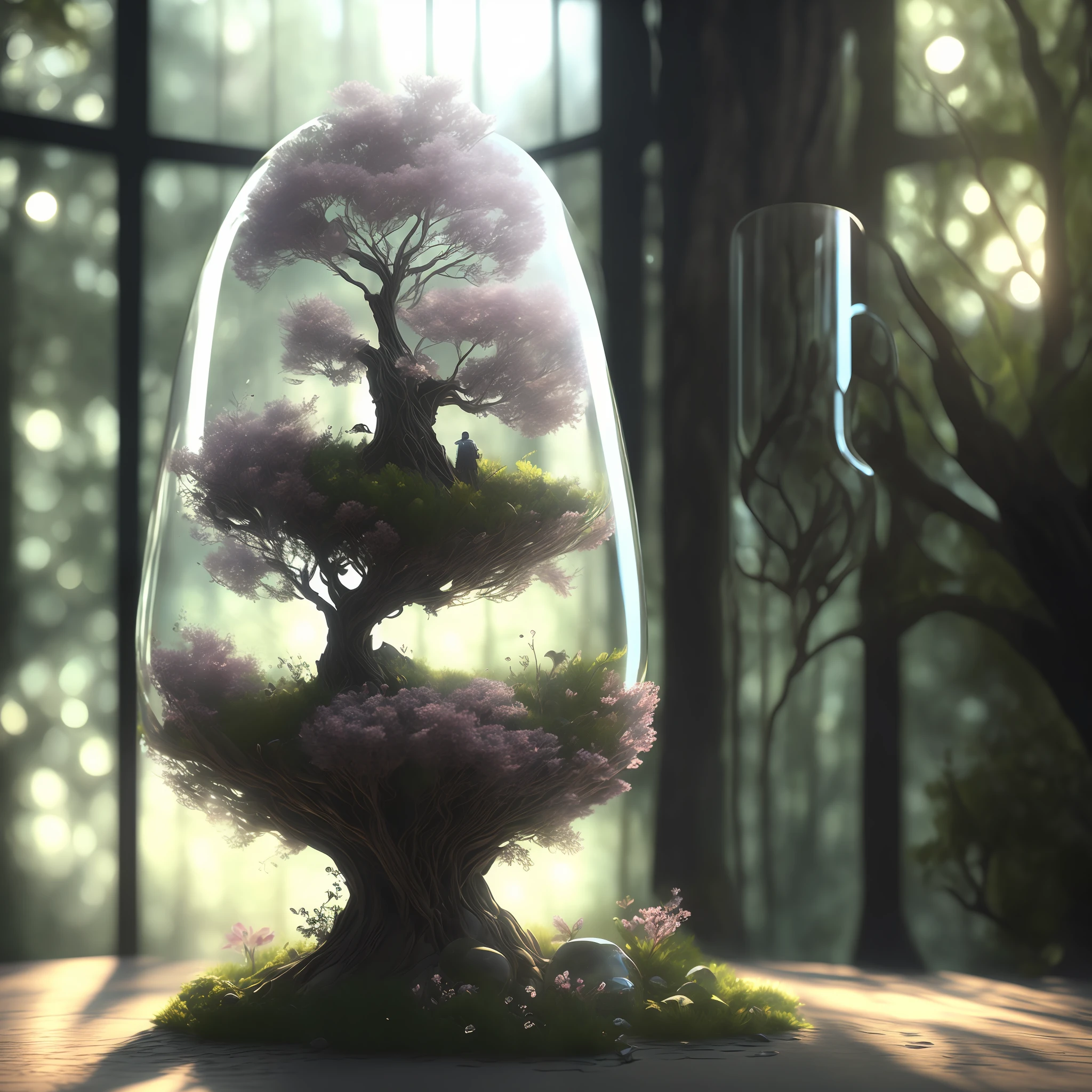 Tree of dreamlike art in a bottle, cute, realistic, photo, canon, dreamlike, art, leaves and colorful branches with flowers on the top of the head in the background a window overlooking the forest. Hyper-detailed photorealism by Greg Rutkowski - H 1024 W 804 | F 1 6 Lens Brand 2:2 S 3555 mm Film Granulation:1 Real High Resolution Sharp Focus Contrast!! intricate detailed atmospheric light refraction lighting unreal engine 5 cinematic concept photography masterpiece octane rendering trend rendering in cgsociety rendered as