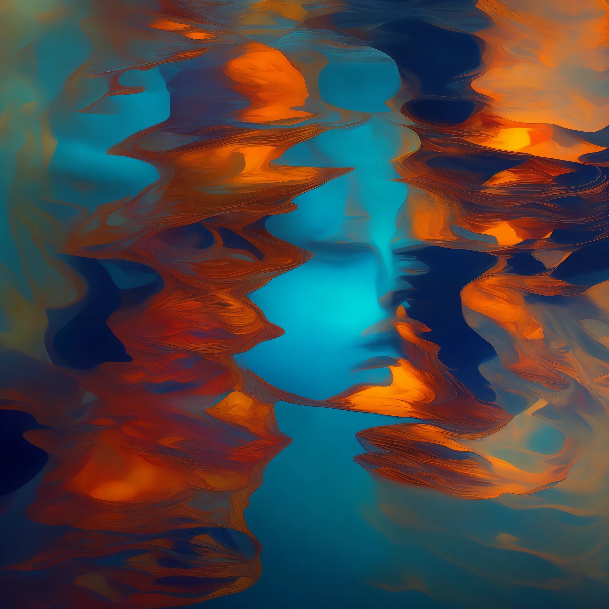 floating layers of water, reflection, shimmering, color, faces