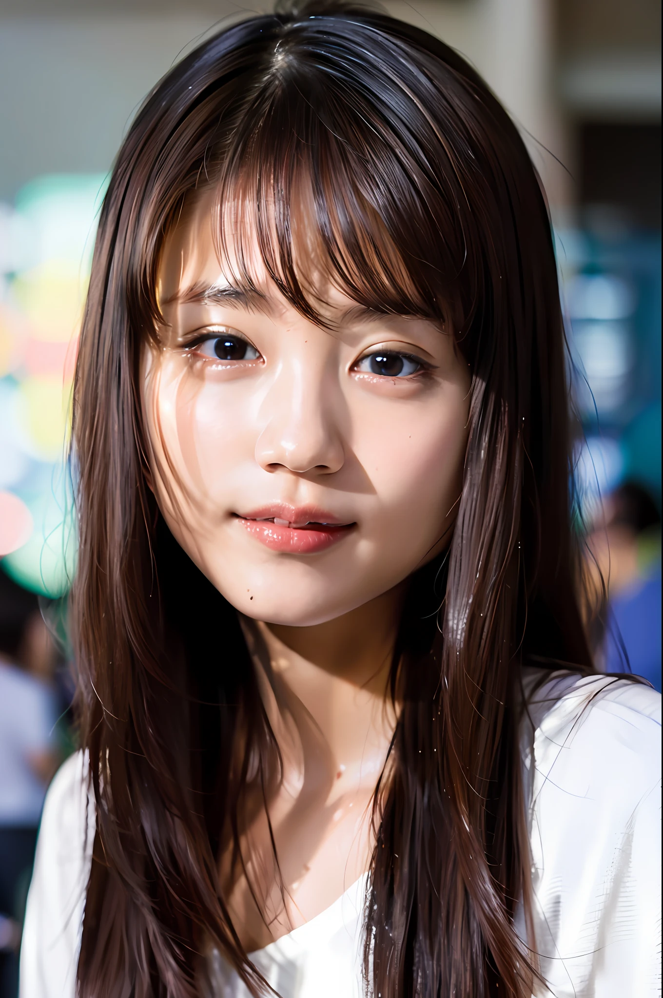 (8k, RAW photo, best quality, masterpiece:1.2), (realistic, photo-realistic:1.37), ultra-detailed, ultra high res,1 girl,looking at viewer,beautiful detailed face,smile,narrow,(slim waist:1.3),shirt,  beautiful detailed skin, skin texture, floating hair,professional lighting,
