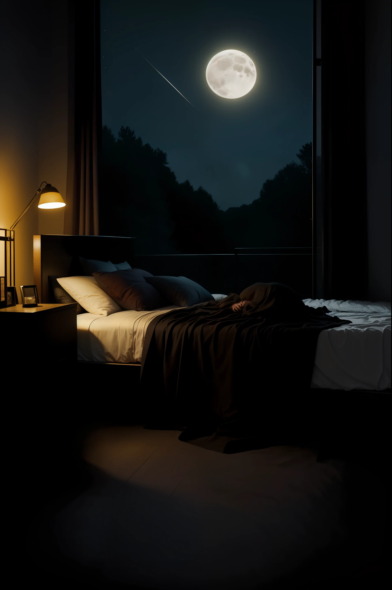 hot chick going to sleep, nocturnal, dark, moonlight, big bed, lots of blankets, landraw, nigth, soft light