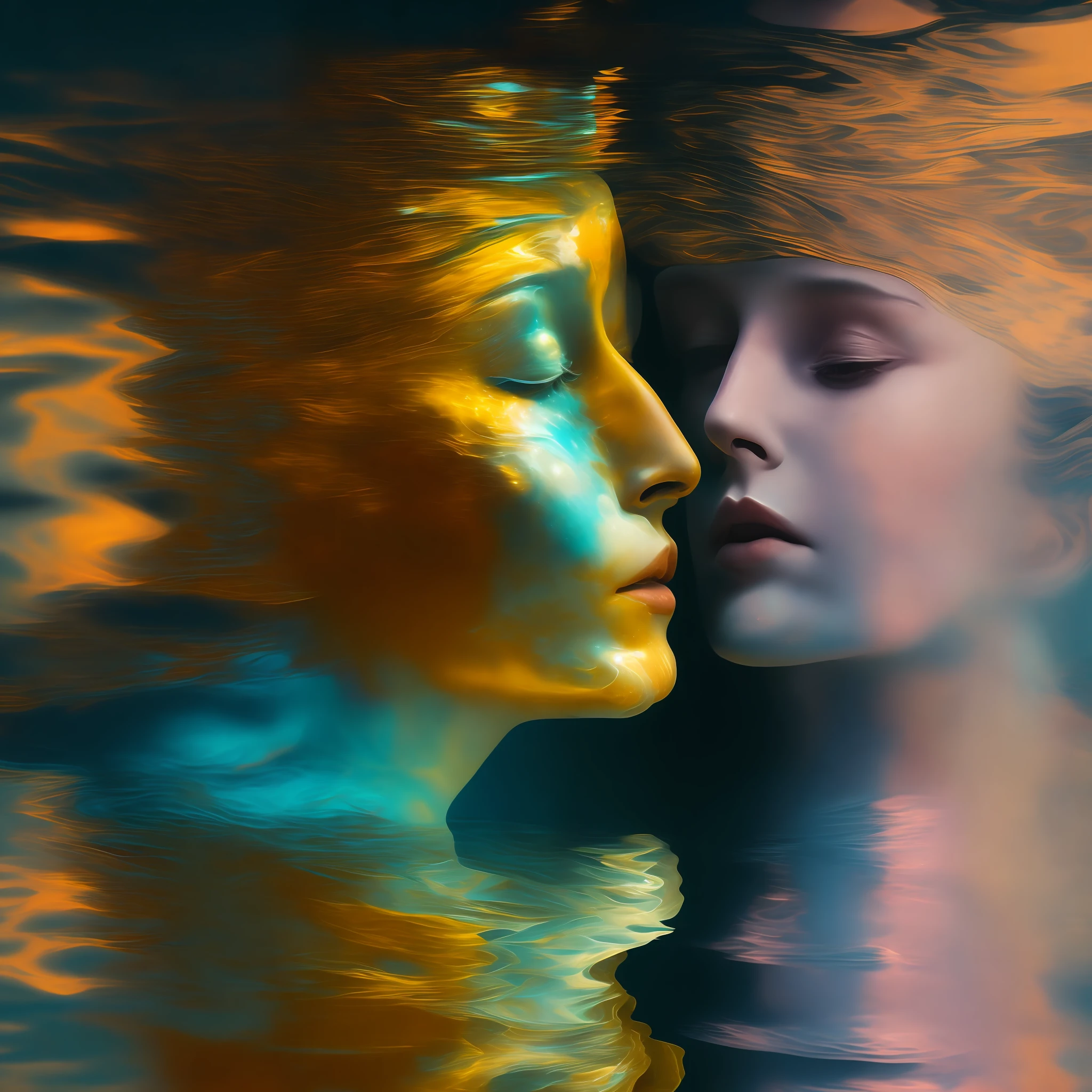 floating layers of water, reflection, shimmering, color, faces