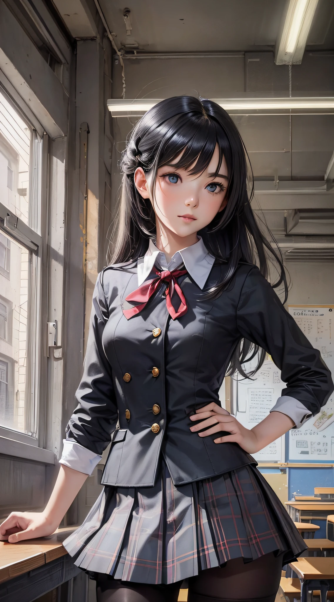 Masterpiece, highest quality, ultra detail, illustration, colorful, flat color, depth of field, lens flare
1 girl, anime, lecture, black hair, watch audience, school, classroom, pleated mini skirt, uniform, serafuk, black pantyhose, detailed texture, detailed fabric texture, detailed beauty face,