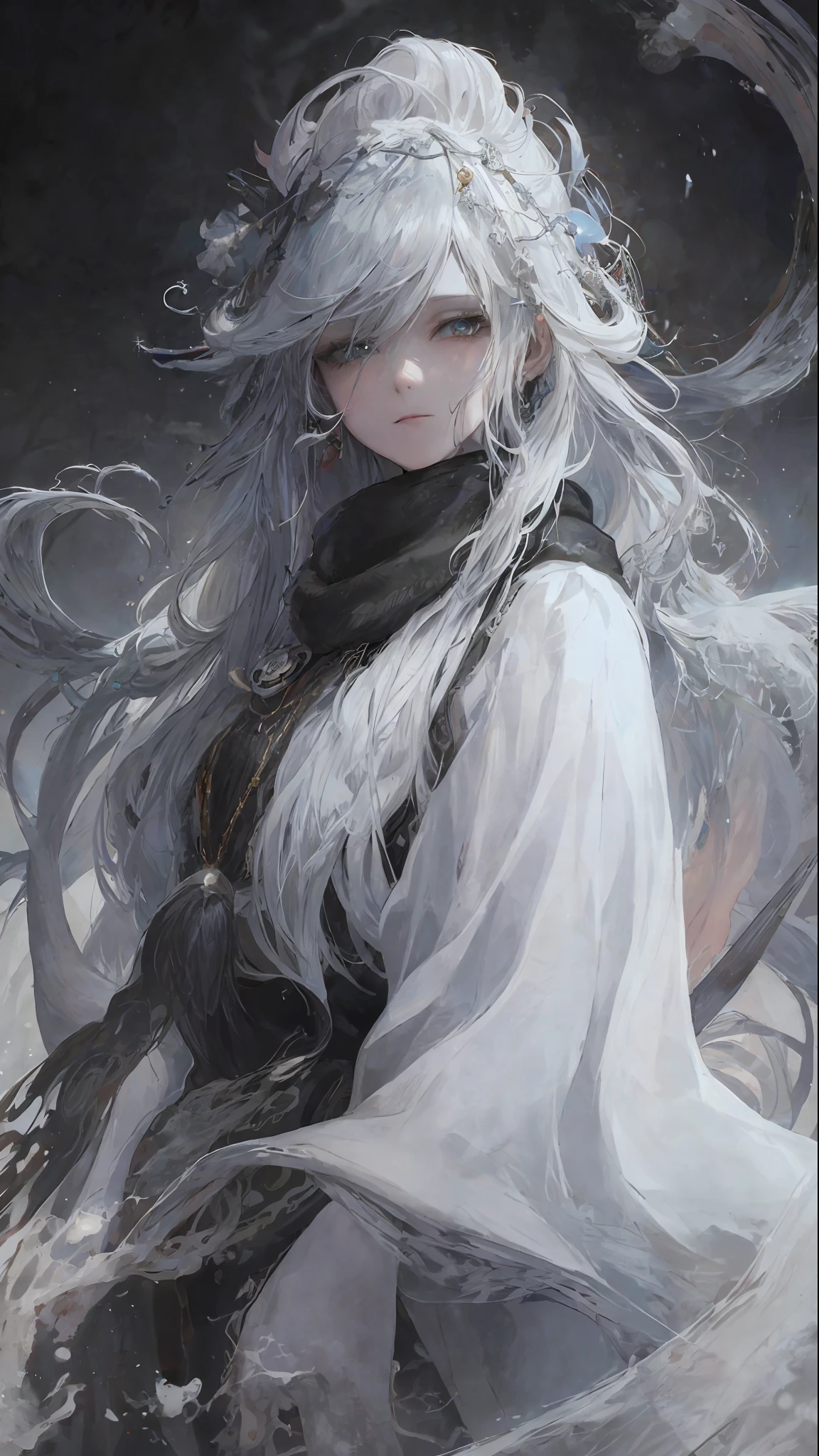 a close up of a woman with a white hair and a black scarf, a character portrait by Yang J, pixiv contest winner, fantasy art, white haired deity, beautiful character painting, artwork in the style of guweiz, the piercing stare of yuki onna, guweiz, with white long hair, with long white hair, flowing hair and long robes
