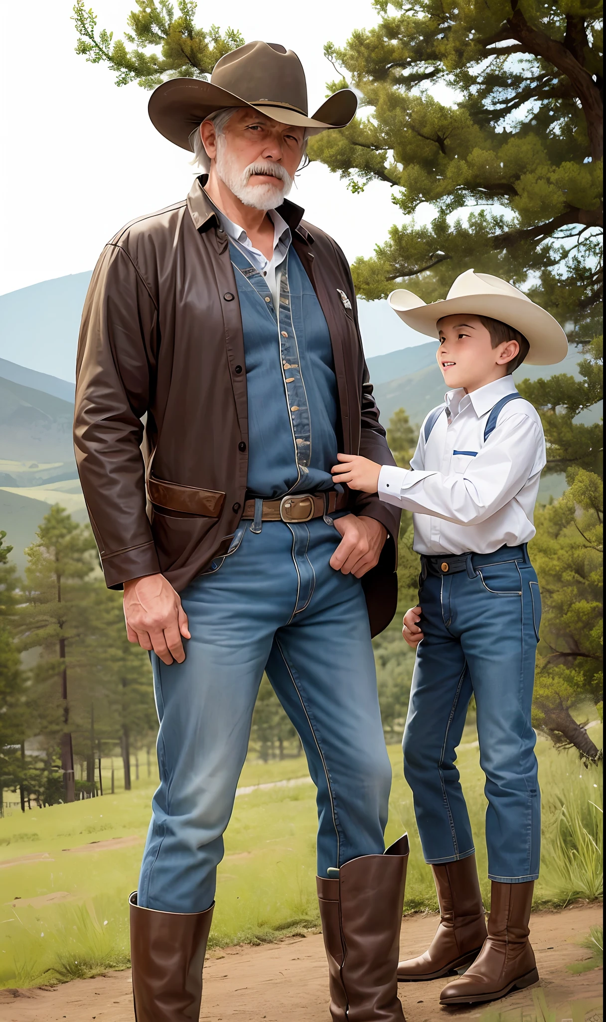 (a old cowboy grandfather with his grandson on his ranch, horses and trees in the background)