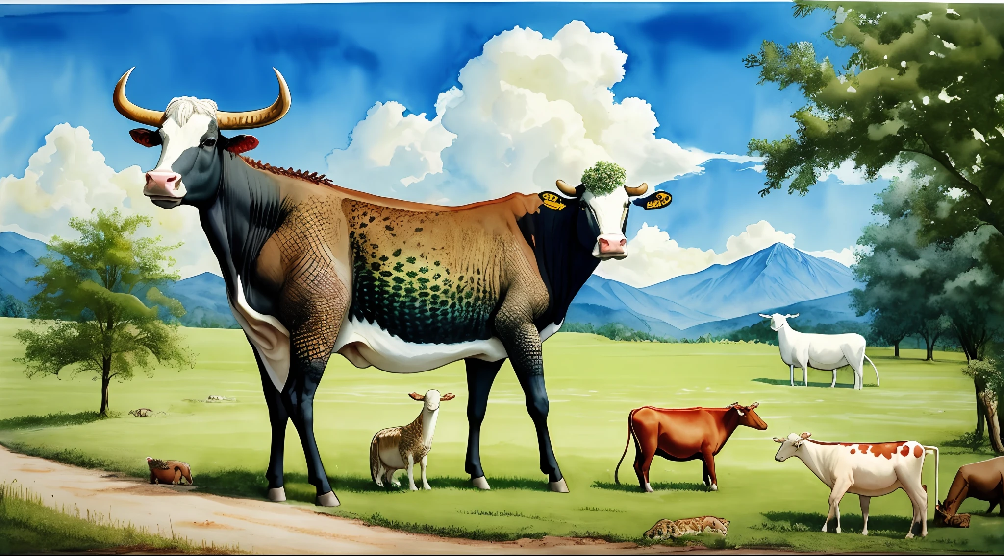 On the sixth day, God made land animals: cattle, reptiles, and wild animals. He also created man in His image, male and female. God gave them dominion over all creation and said, "Be fertile and multiply, fill the earth and rule it." God saw it was good.painting watercolor