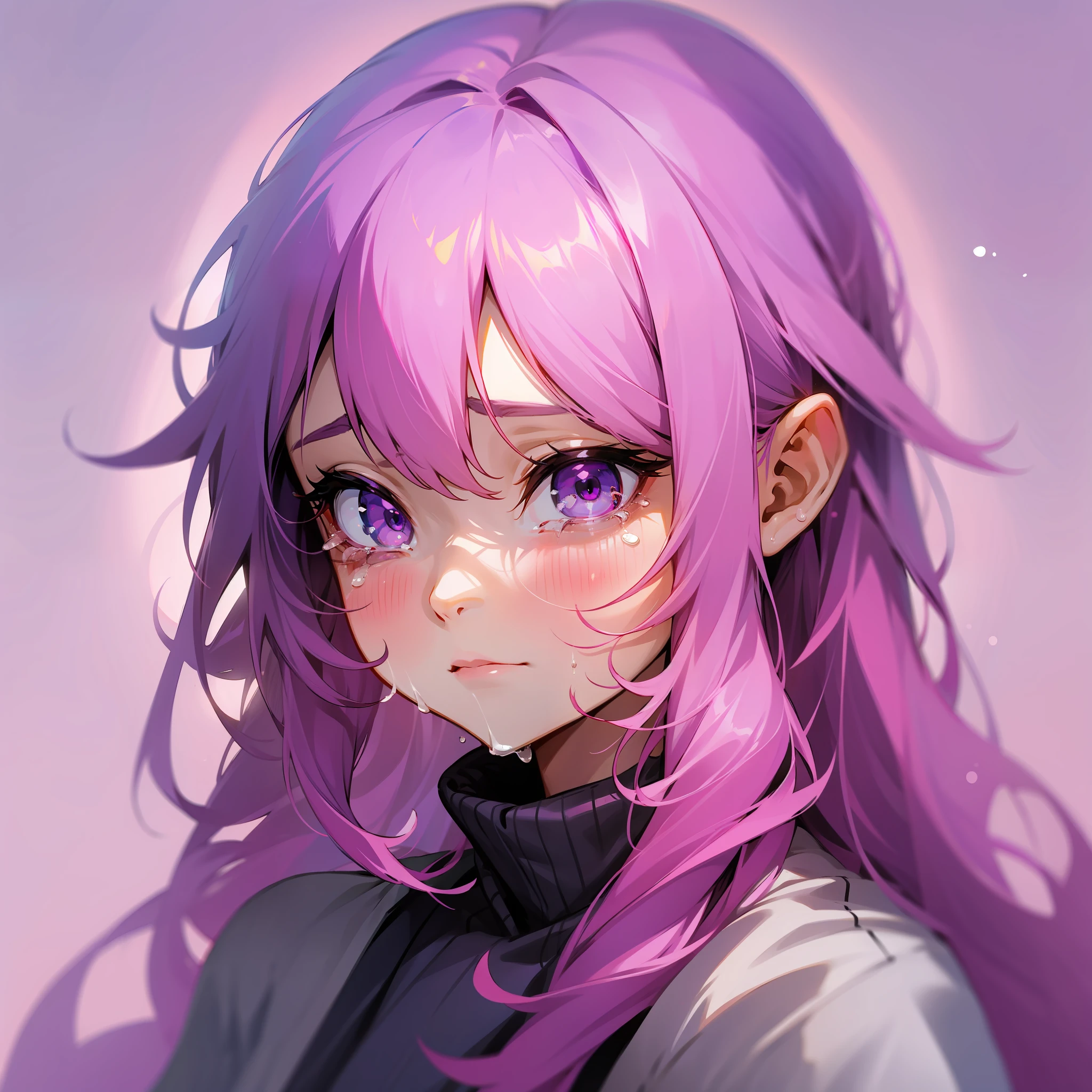 a girl crying with tears , pink hair, purple eyes